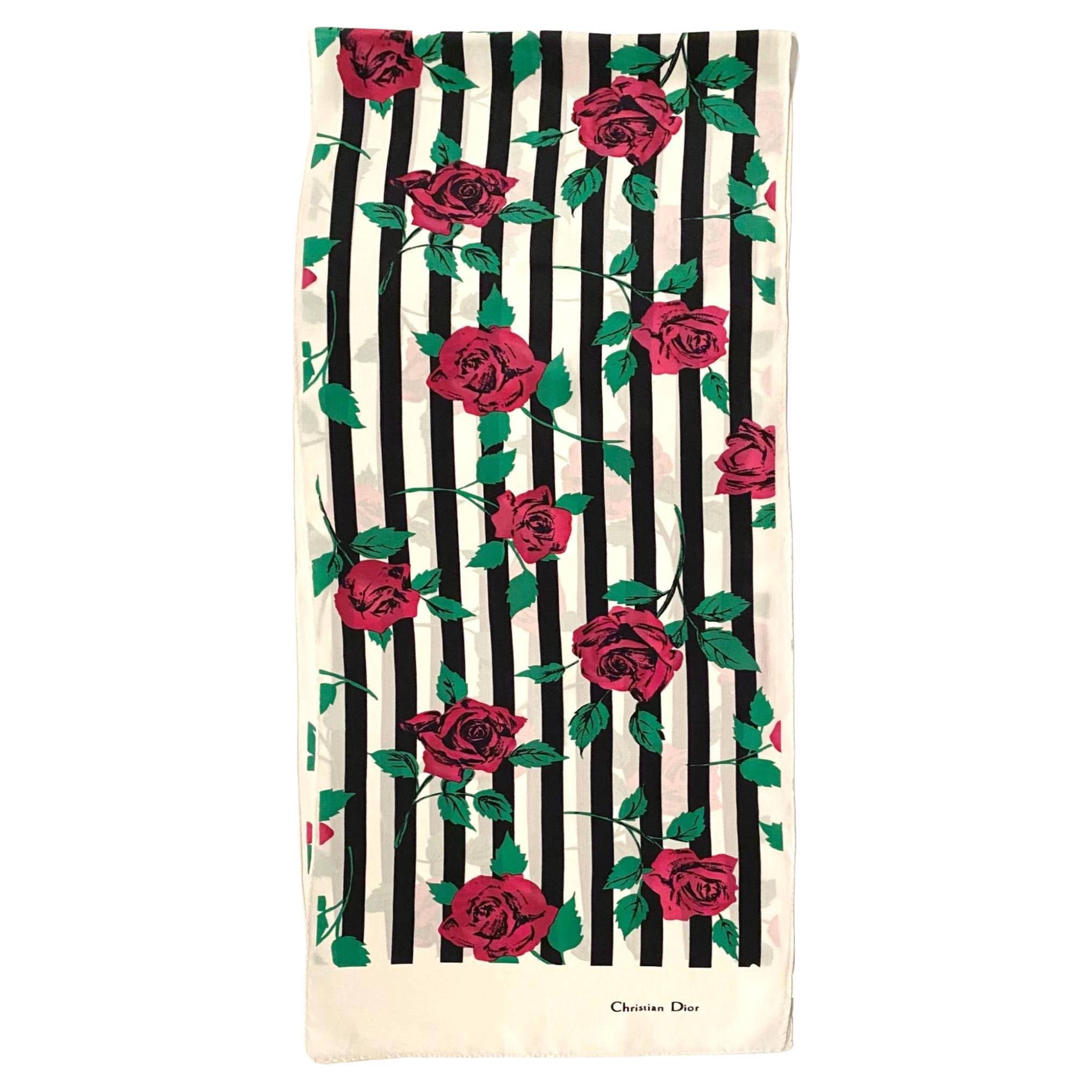 Beautiful Christian Dior silk scarf, black and cream white stripe print and pink roses, 100% silk 
Condition: 1980s, vintage like new 
Measurements: 58x11.5 inch