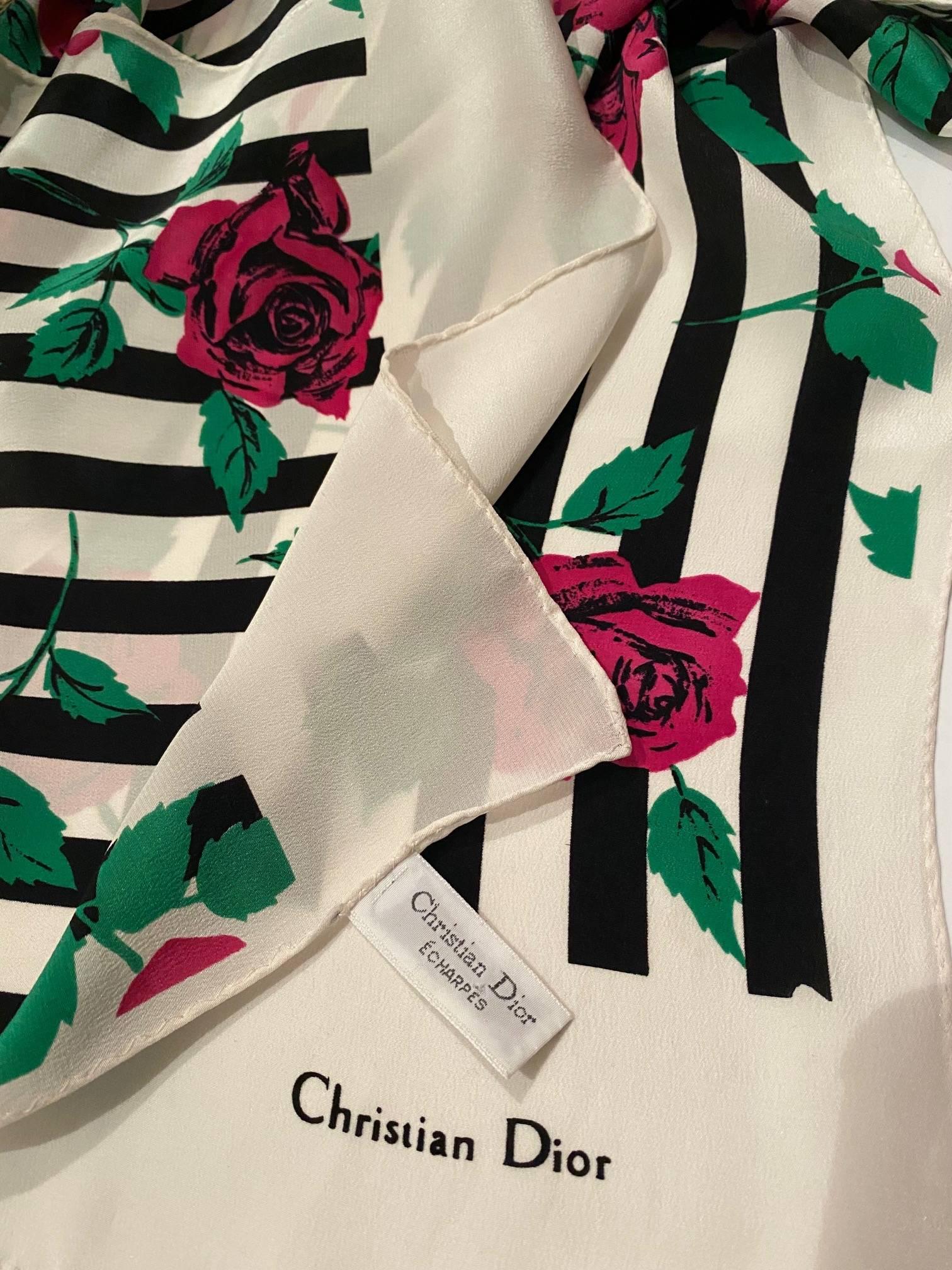 1980s Christian Dior Stripe and Floral Silk Scarf In Excellent Condition In London, GB