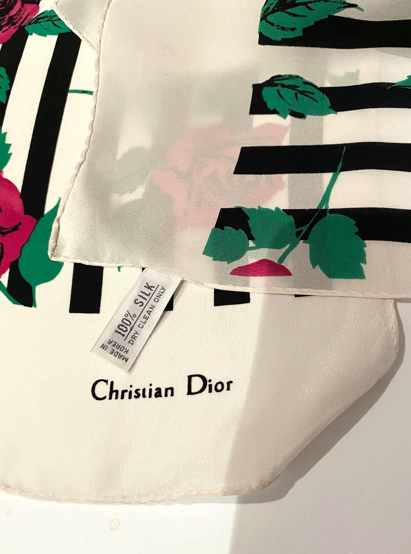 Women's or Men's 1980s Christian Dior Stripe and Floral Silk Scarf
