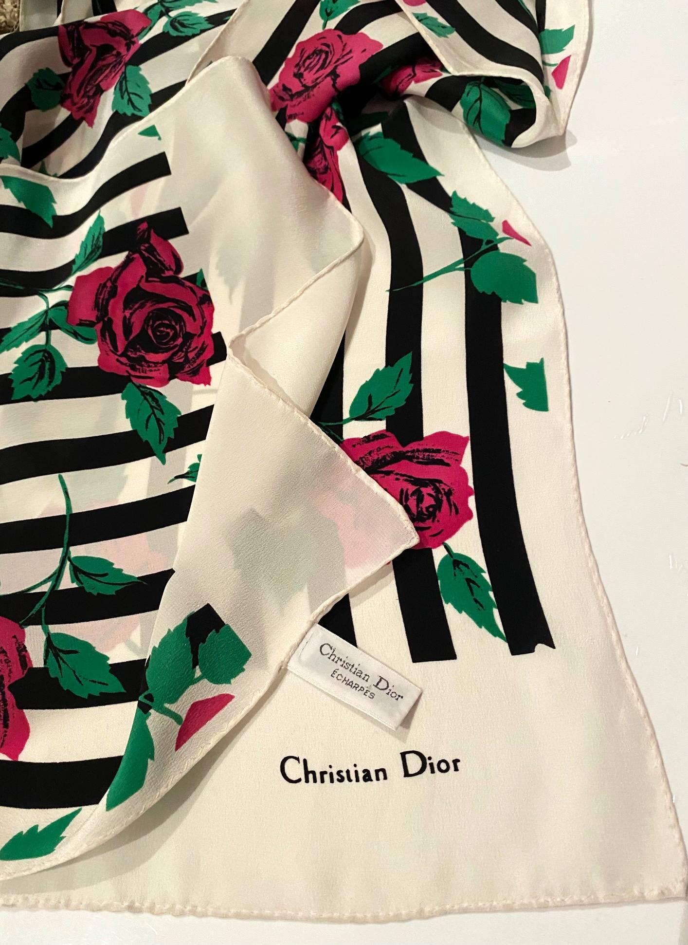 1980s Christian Dior Stripe and Floral Silk Scarf 1