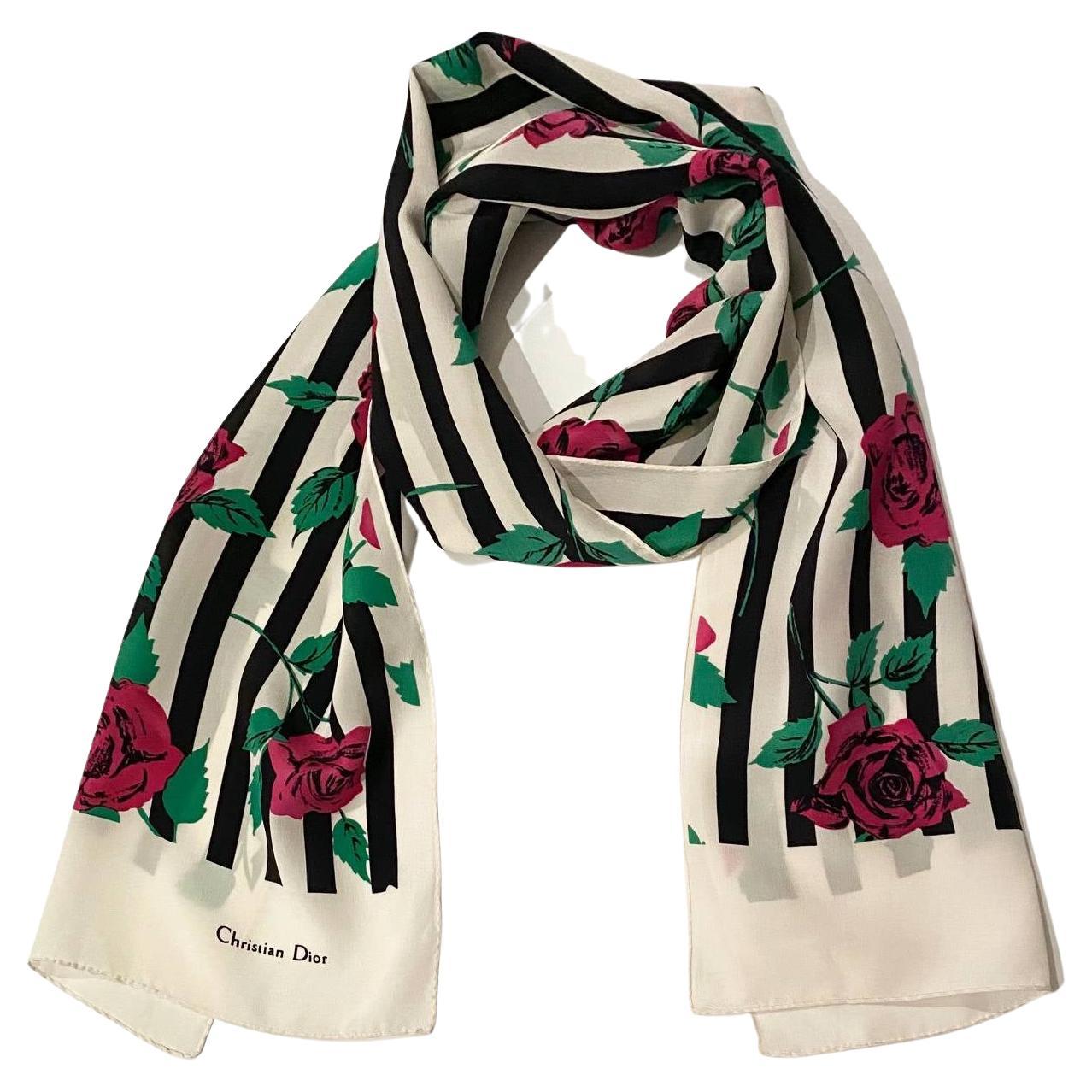 1980s Christian Dior Stripe and Floral Silk Scarf