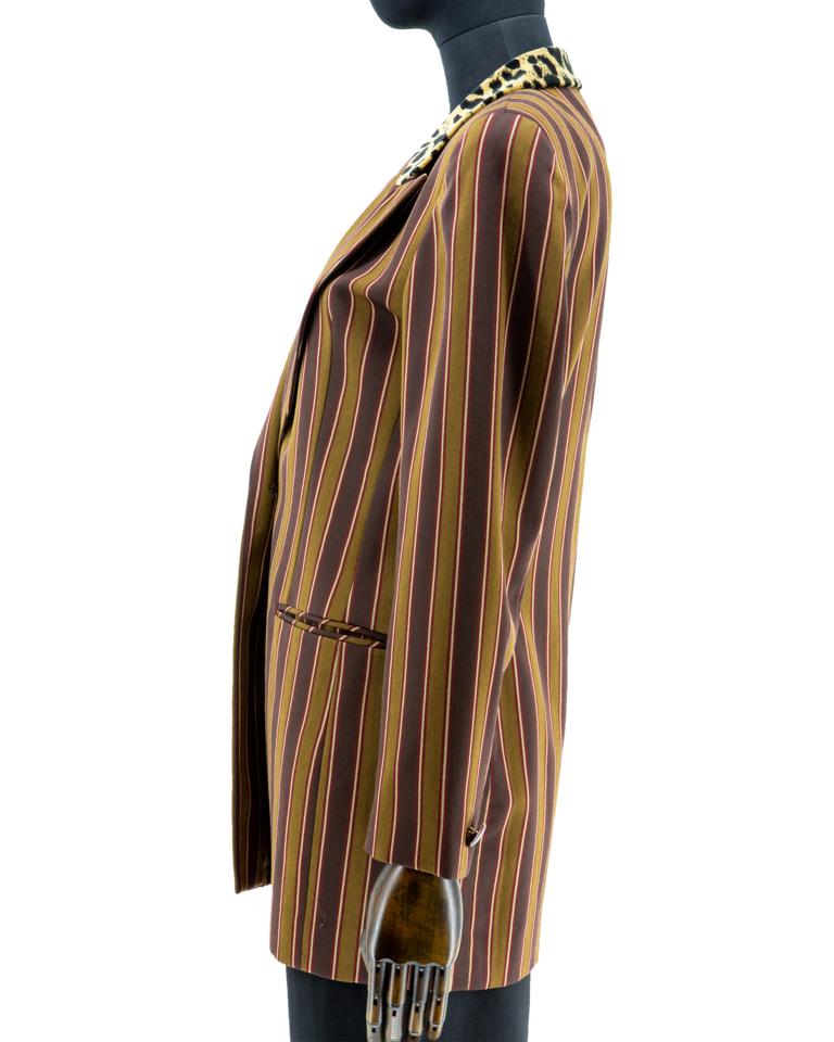 1980s Christian Dior Striped Blazer with Leopard Collar For Sale 1