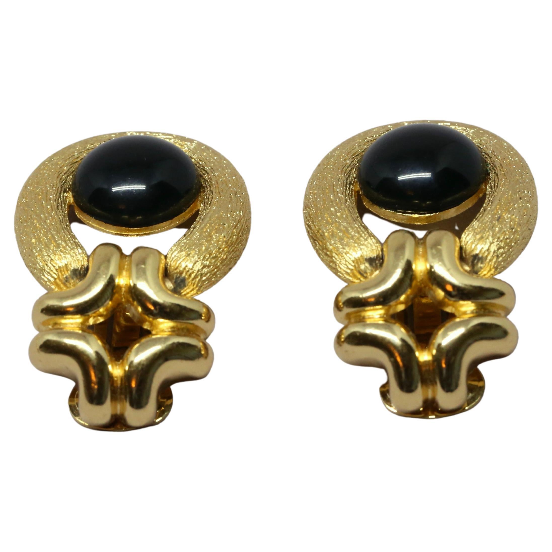 1980's CHRISTIAN DIOR textured gilt earrings with black cabochons In Good Condition For Sale In San Fransisco, CA