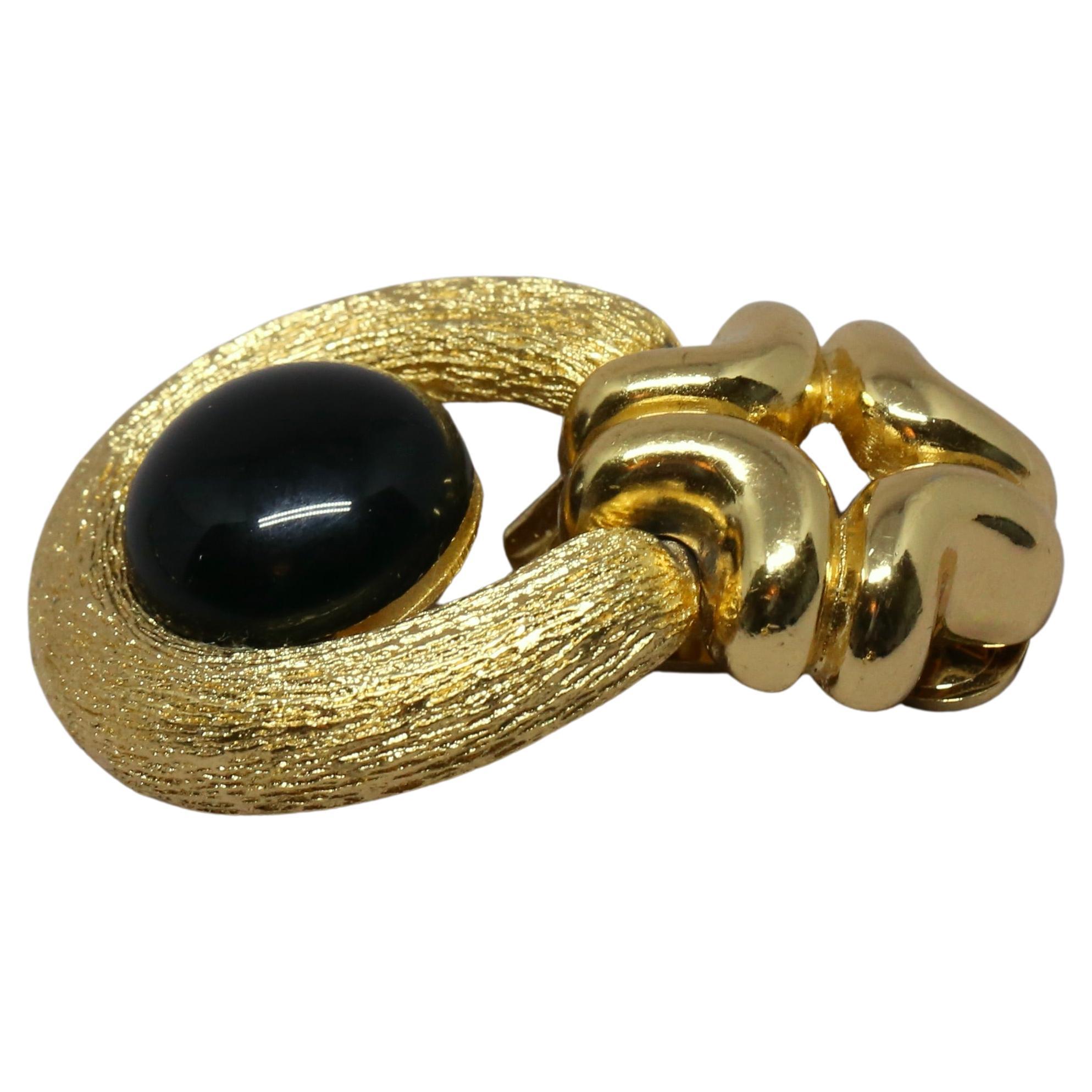 Women's 1980's CHRISTIAN DIOR textured gilt earrings with black cabochons For Sale
