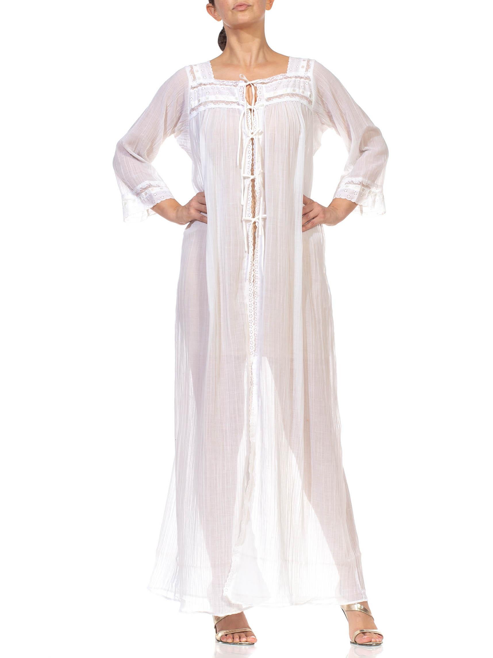Women's 1980S CHRISTIAN DIOR White Cotton Lace Trimed Robe With Front Tie Closure