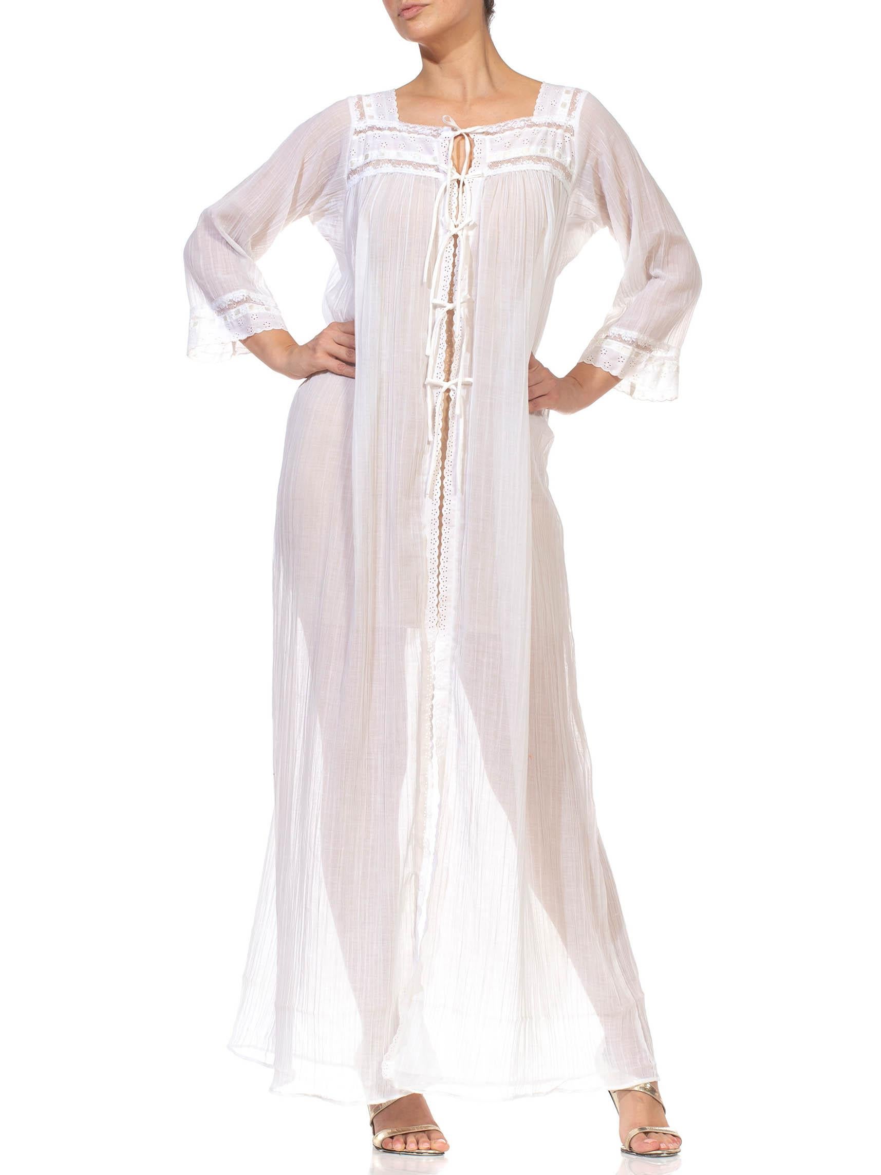 1980S CHRISTIAN DIOR White Cotton Lace Trimed Robe With Front Tie Closure 1