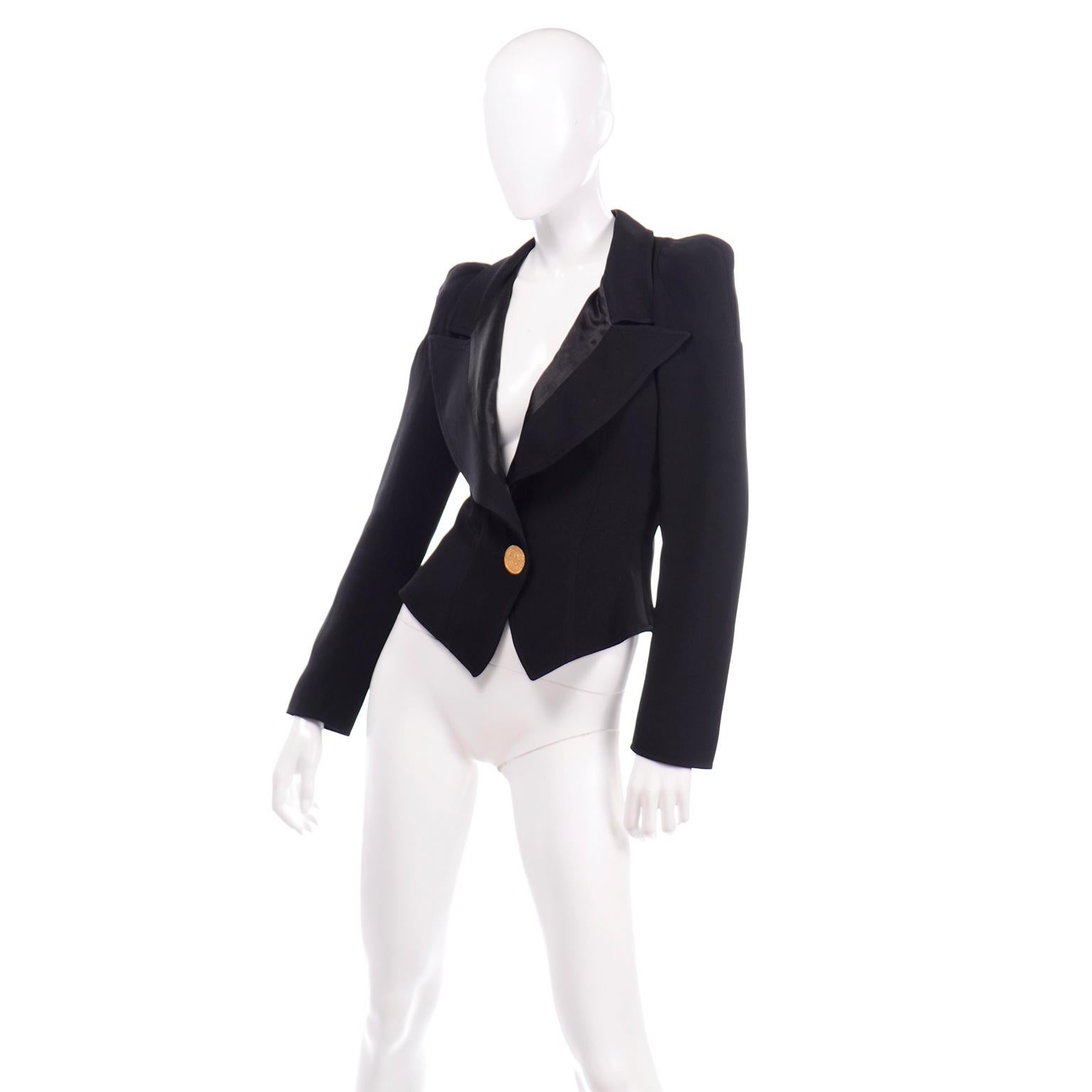 1980s Christian Lacroix Black Blazer W Puff Gathered Shoulders & Gold Button In Excellent Condition In Portland, OR