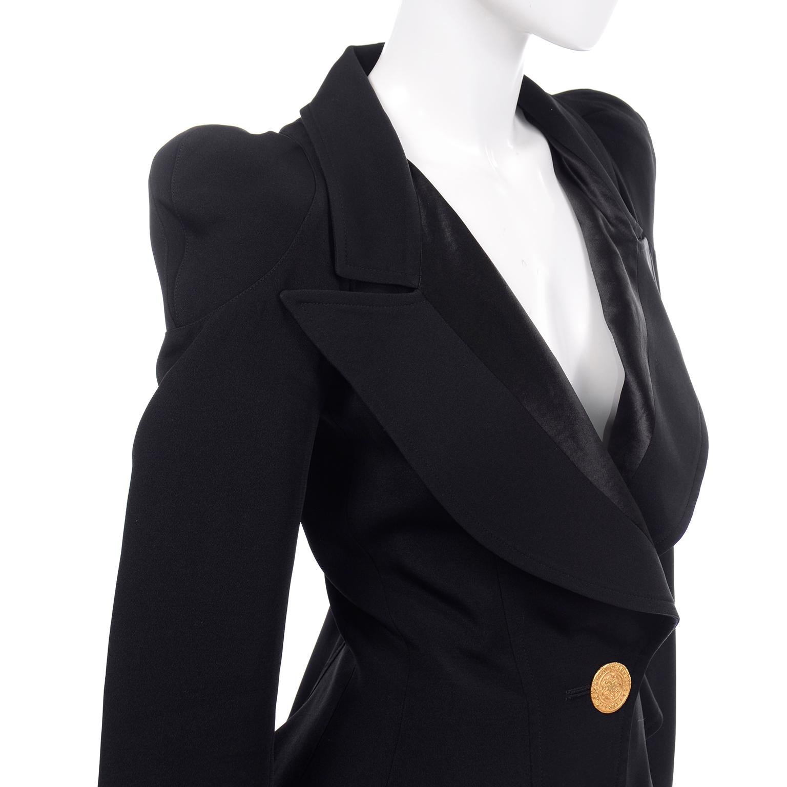 1980s Christian Lacroix Black Blazer W Puff Gathered Shoulders & Gold Button 4