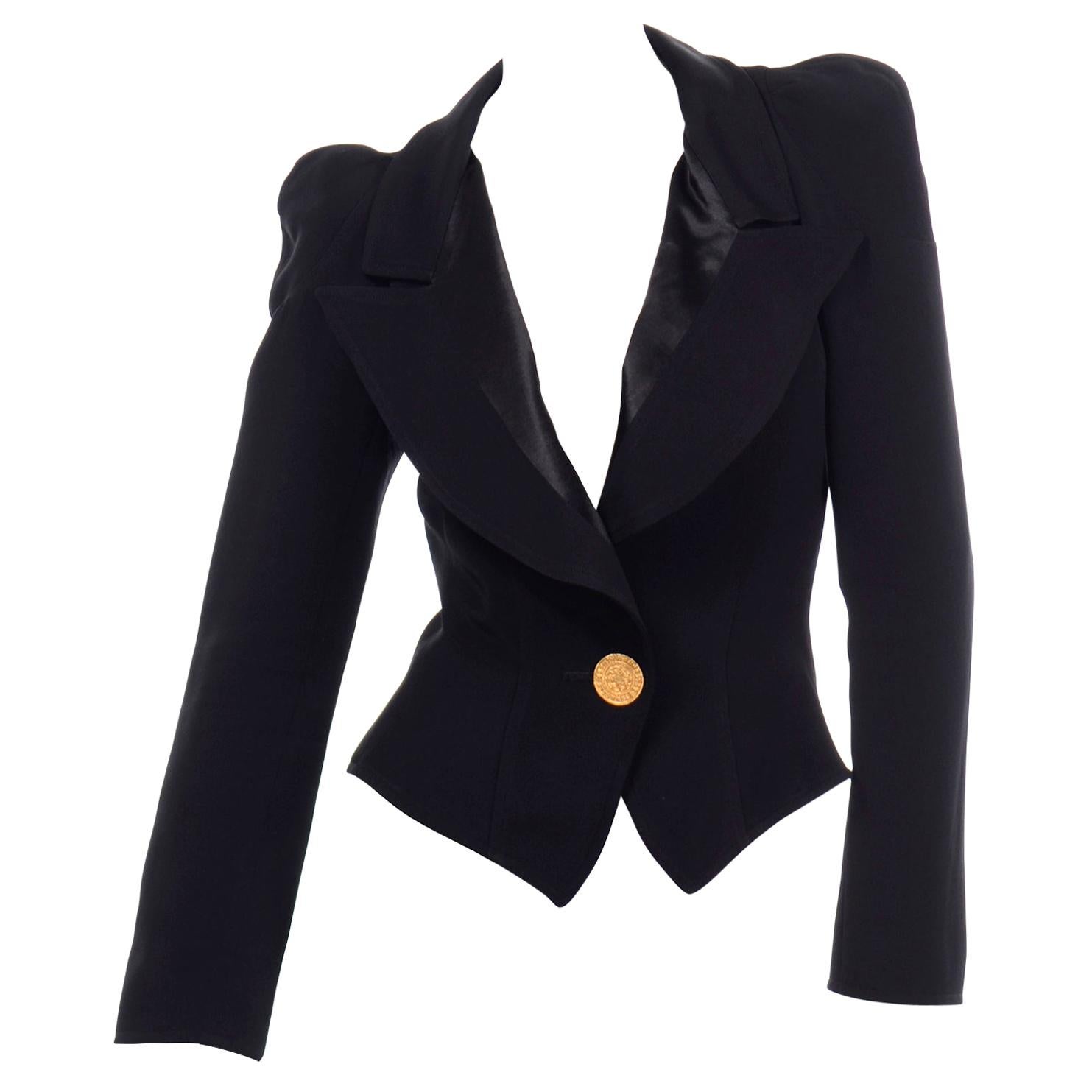 1980s Christian Lacroix Black Blazer W Puff Gathered Shoulders & Gold Button