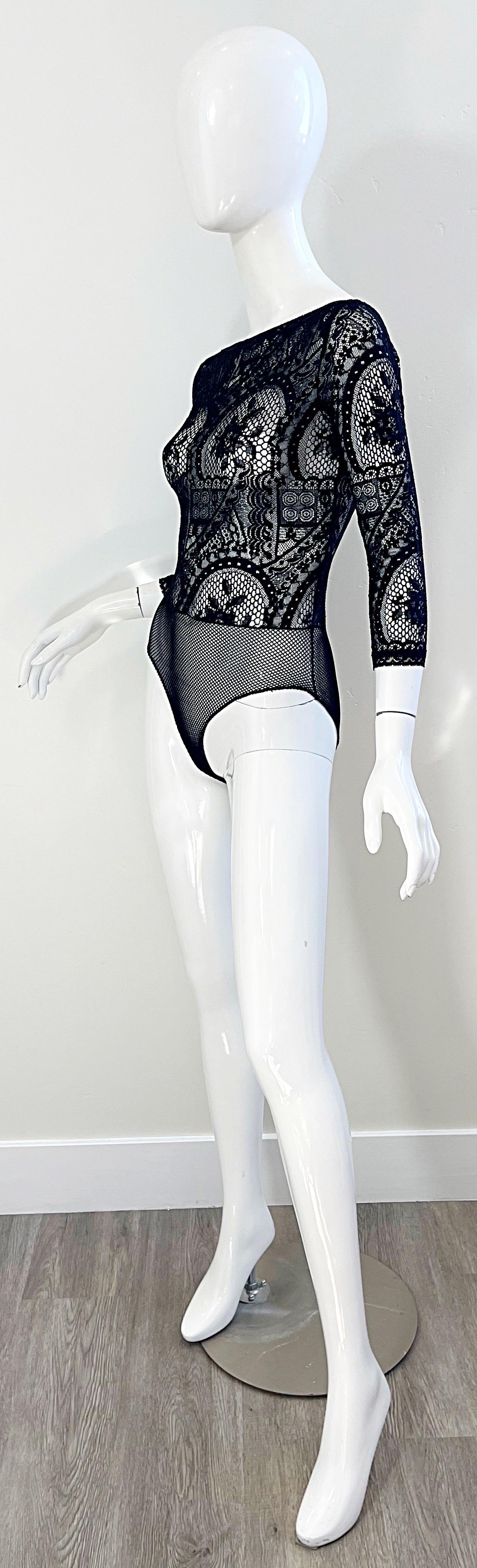 Christian Lacroix - Body une pièce en dentelle et crochet noir transparent, vintage, années 1980 en vente 2