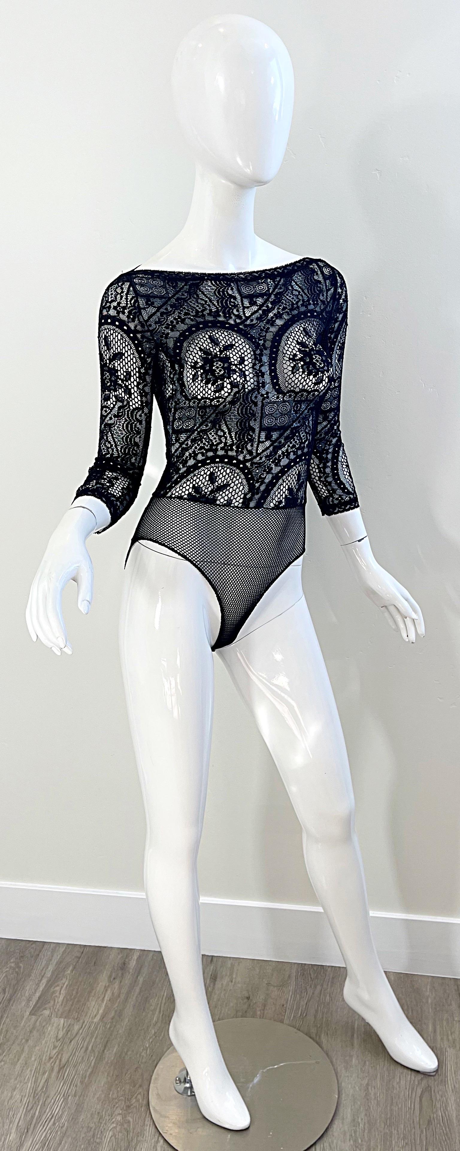 1980s Christian Lacroix Black Sheer Crochet Lace Vintage 80s One Piece Bodysuit For Sale 4
