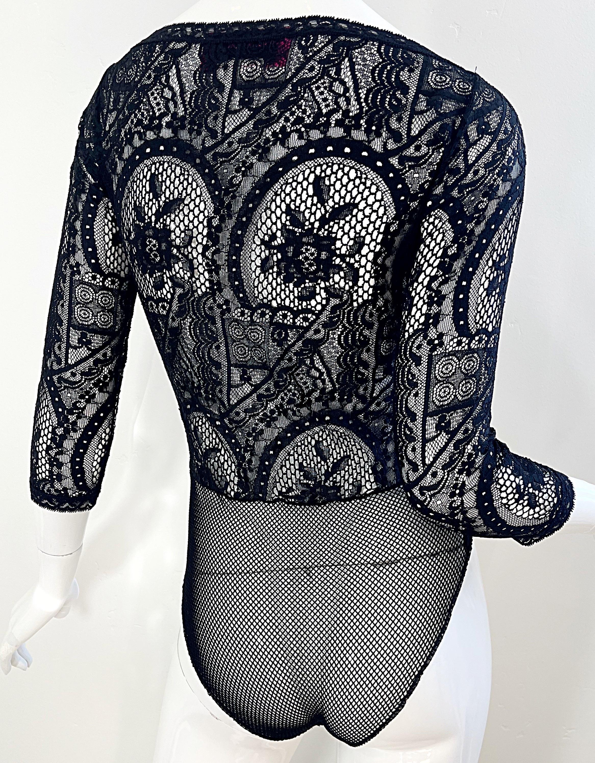 1980s Christian Lacroix Black Sheer Crochet Lace Vintage 80s One Piece Bodysuit For Sale 6