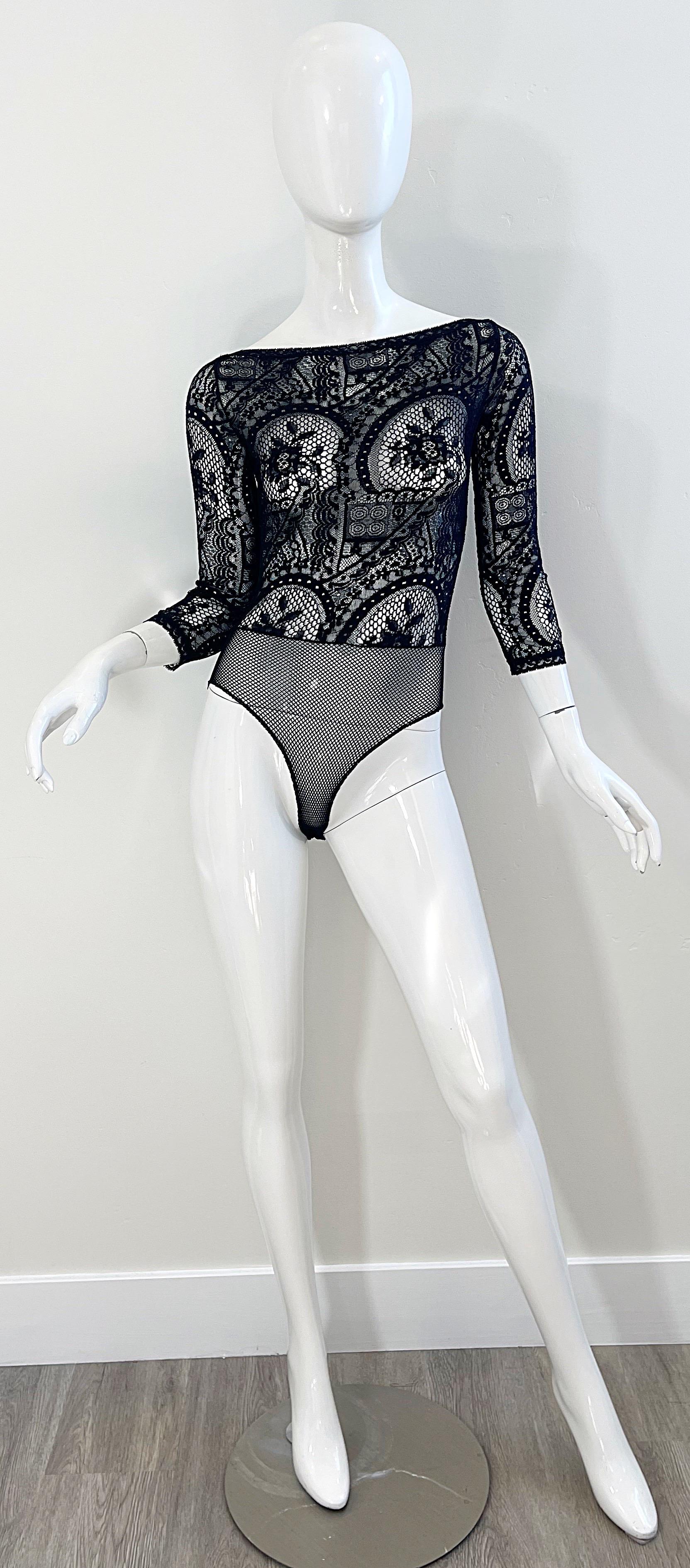 Christian Lacroix - Body une pièce en dentelle et crochet noir transparent, vintage, années 1980 en vente 6