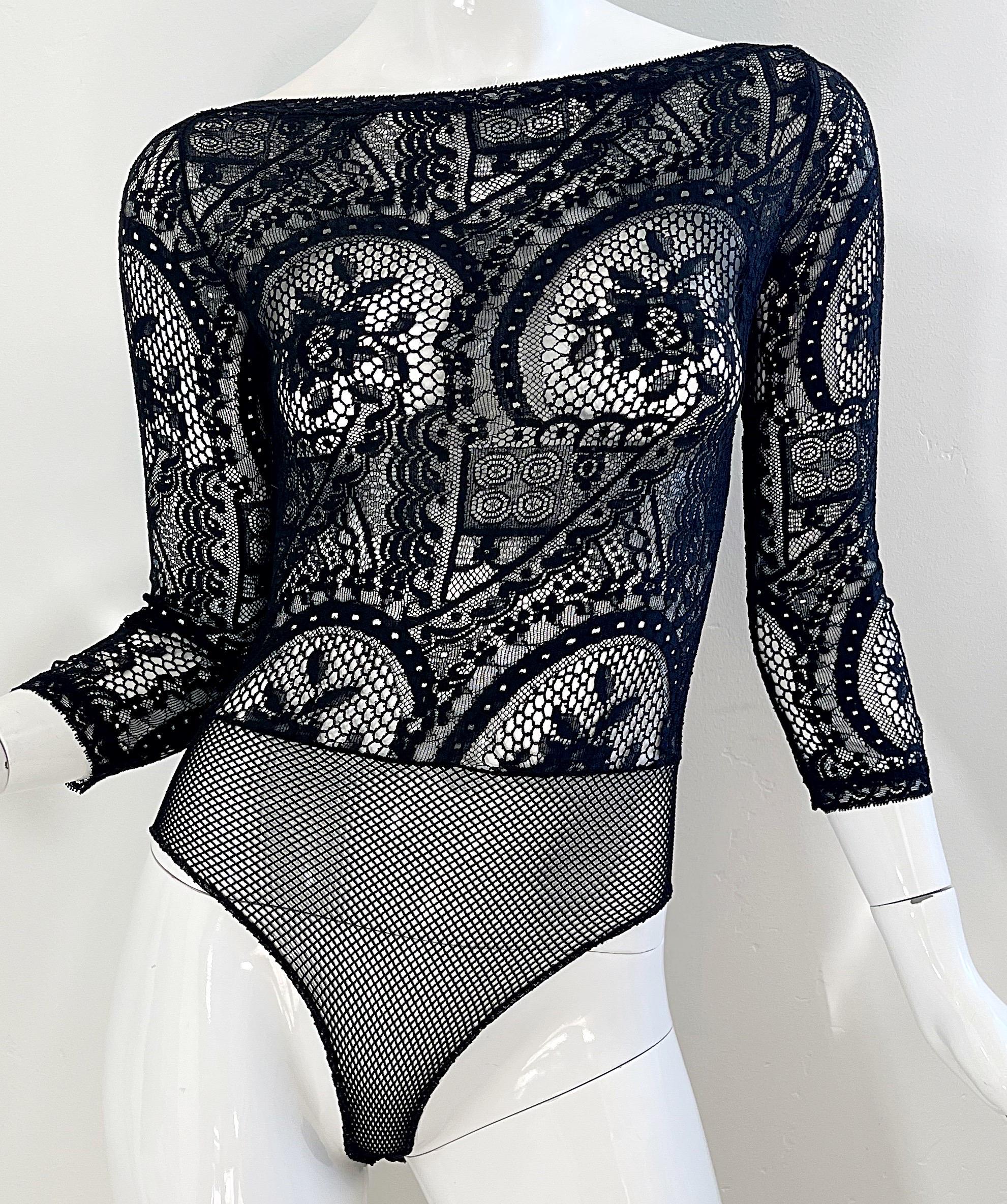 1980s Christian Lacroix Black Sheer Crochet Lace Vintage 80s One Piece Bodysuit In Excellent Condition For Sale In San Diego, CA