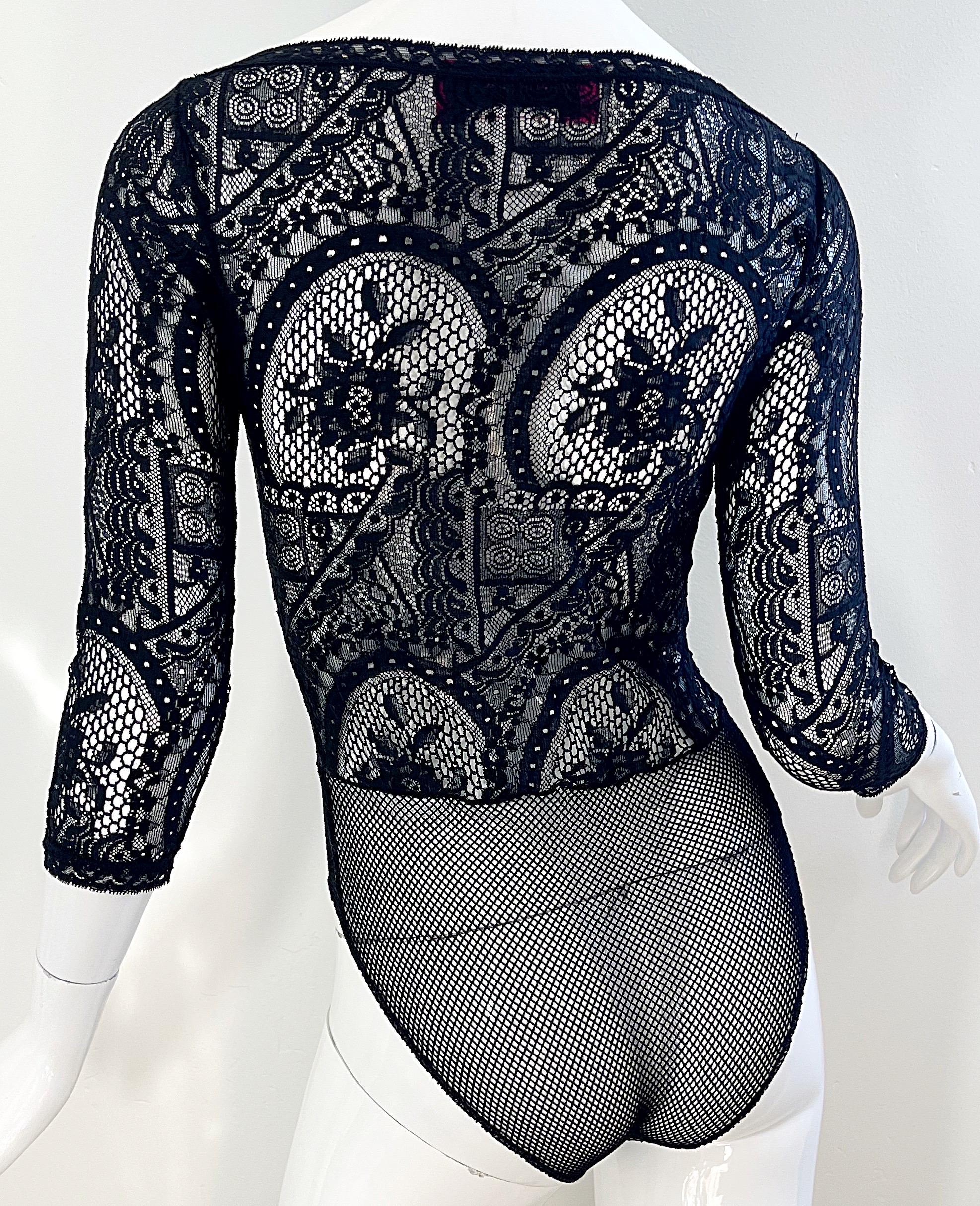 Women's 1980s Christian Lacroix Black Sheer Crochet Lace Vintage 80s One Piece Bodysuit For Sale
