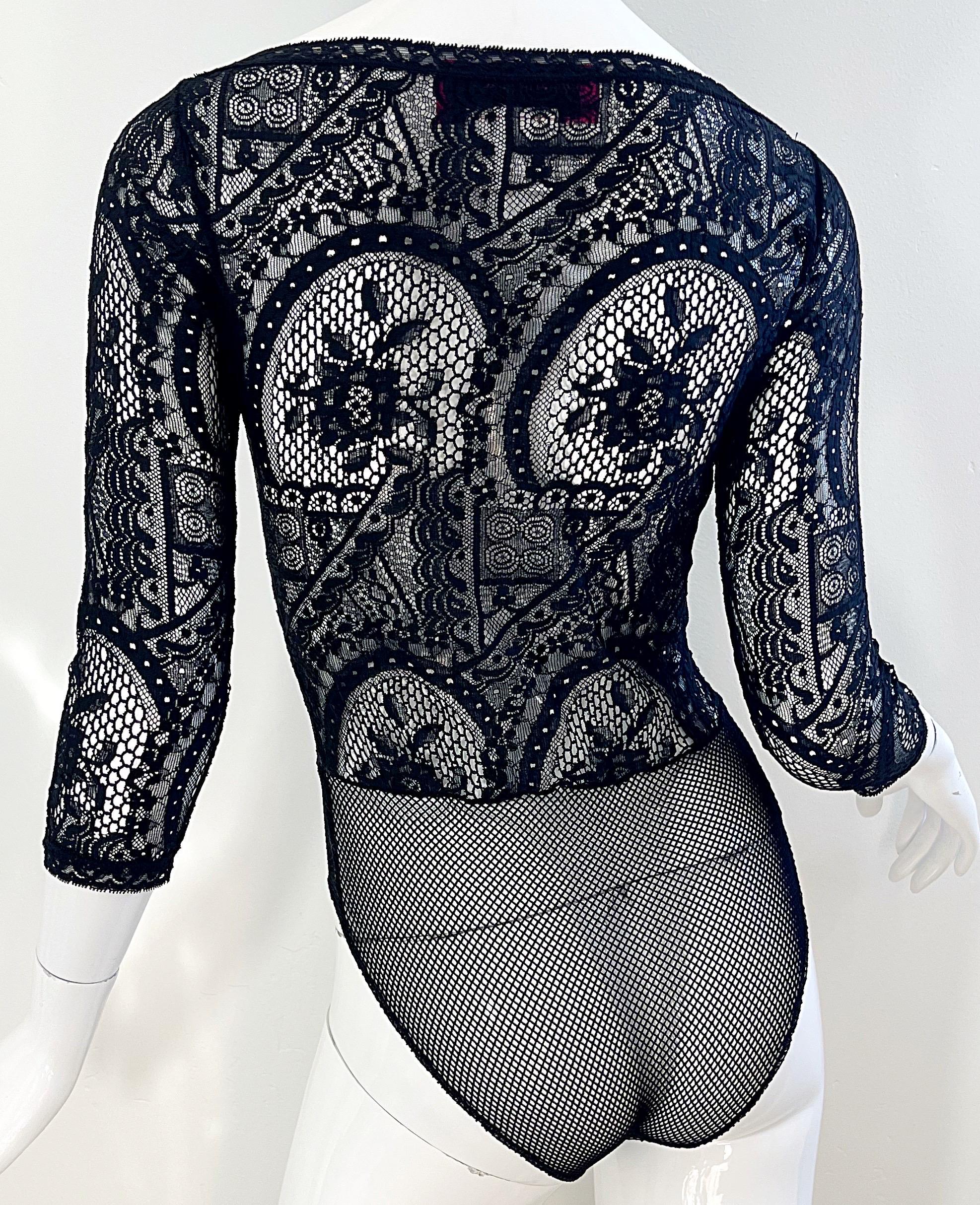 1980er Christian Lacroix Schwarzer durchsichtiger Häkelspitze Vintage 80er Jahre einteiliger Bodysuit im Angebot 3