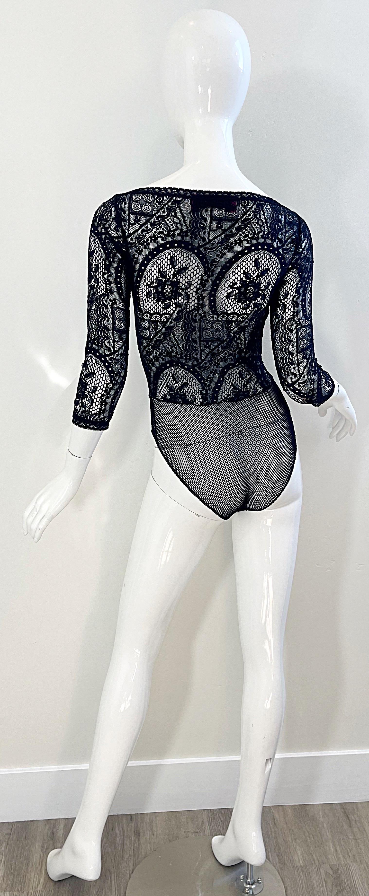 Christian Lacroix - Body une pièce en dentelle et crochet noir transparent, vintage, années 1980 en vente 1