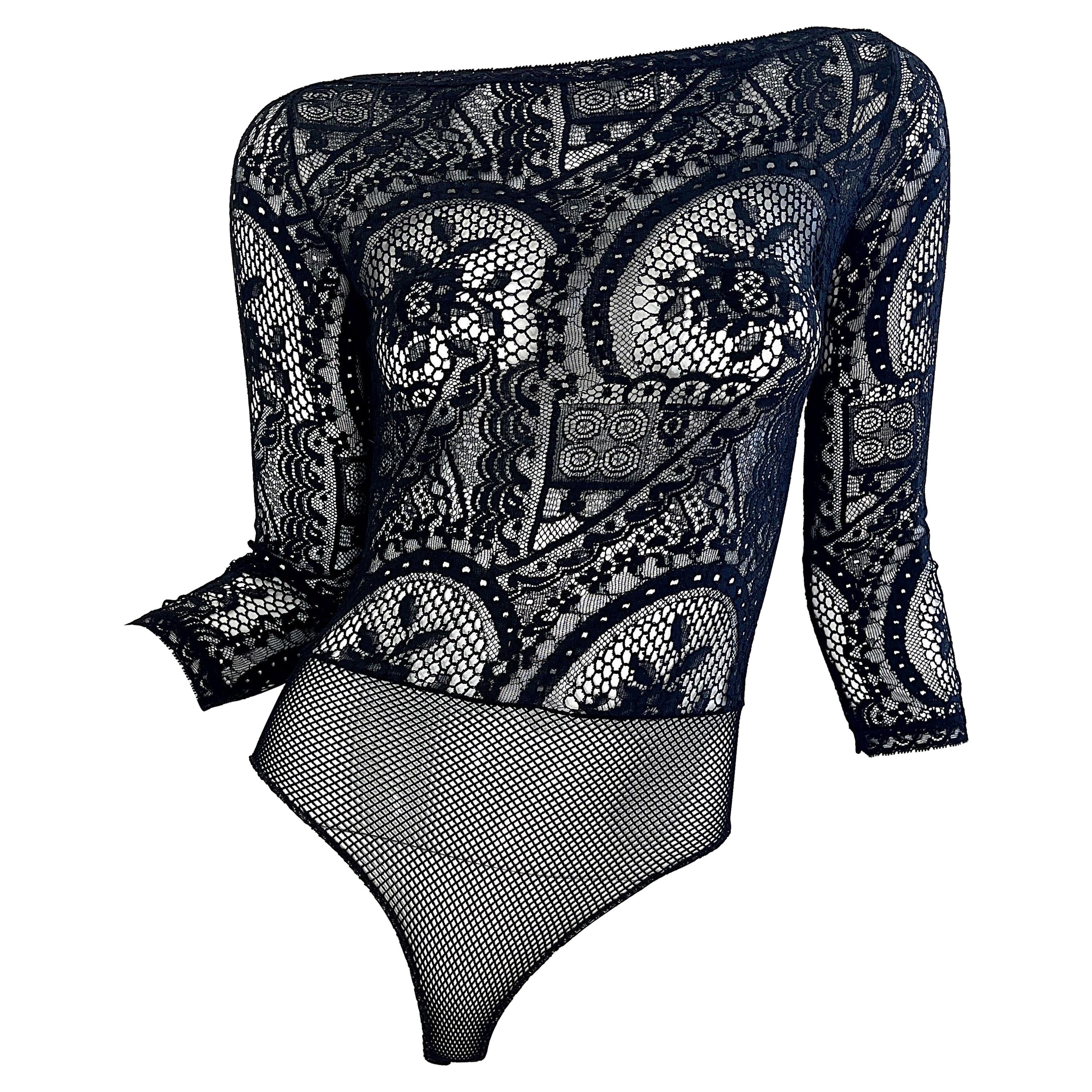 Christian Lacroix - Body une pièce en dentelle et crochet noir transparent, vintage, années 1980 en vente