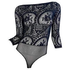 1980s Christian Lacroix Black Sheer Crochet Lace Vintage 80s One Piece Bodysuit