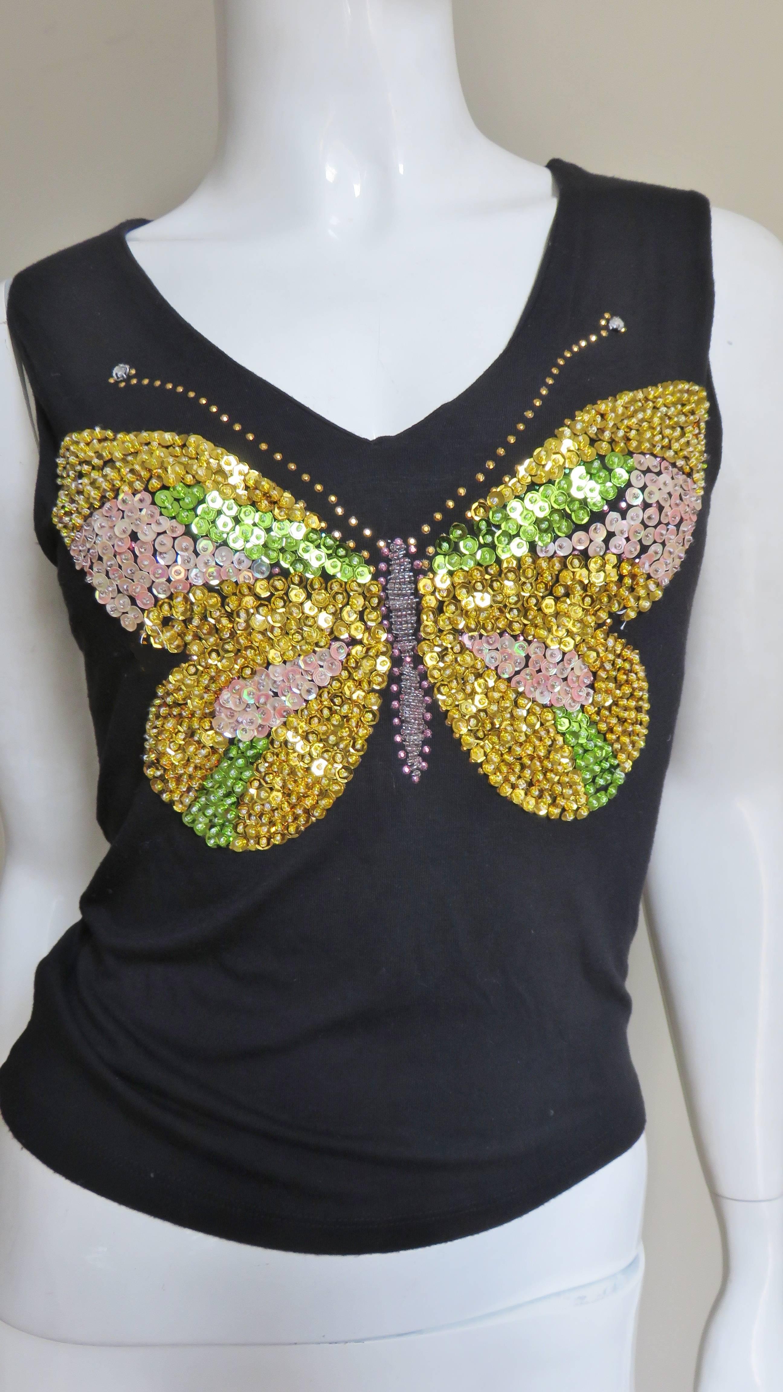 Black 1980s Christian Lacroix Butterfly Beaded T-Shirt
