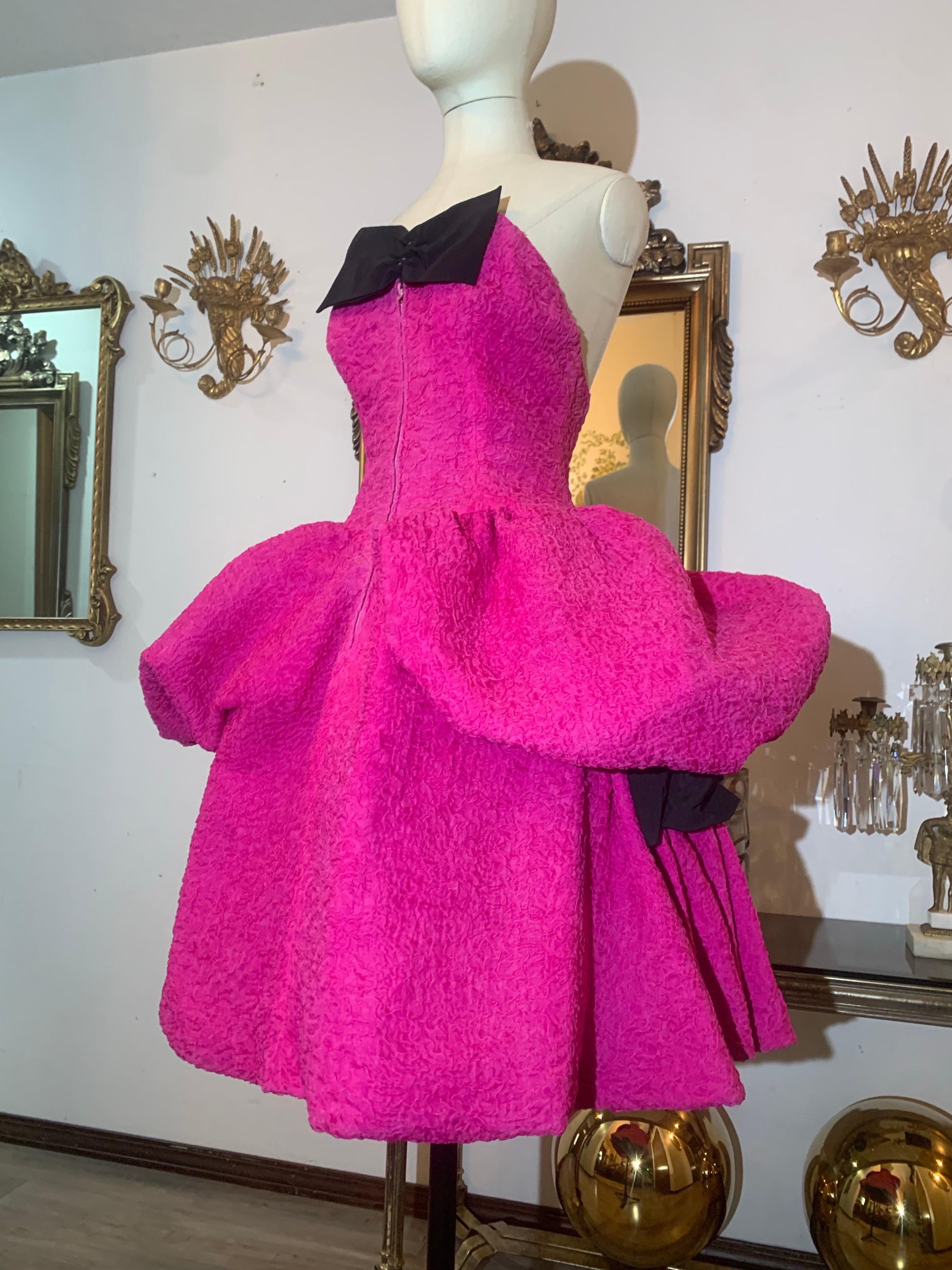 1980s Christian Lacroix Couture Shocking Pink Silk Matelassé Strapless Dress For Sale 6