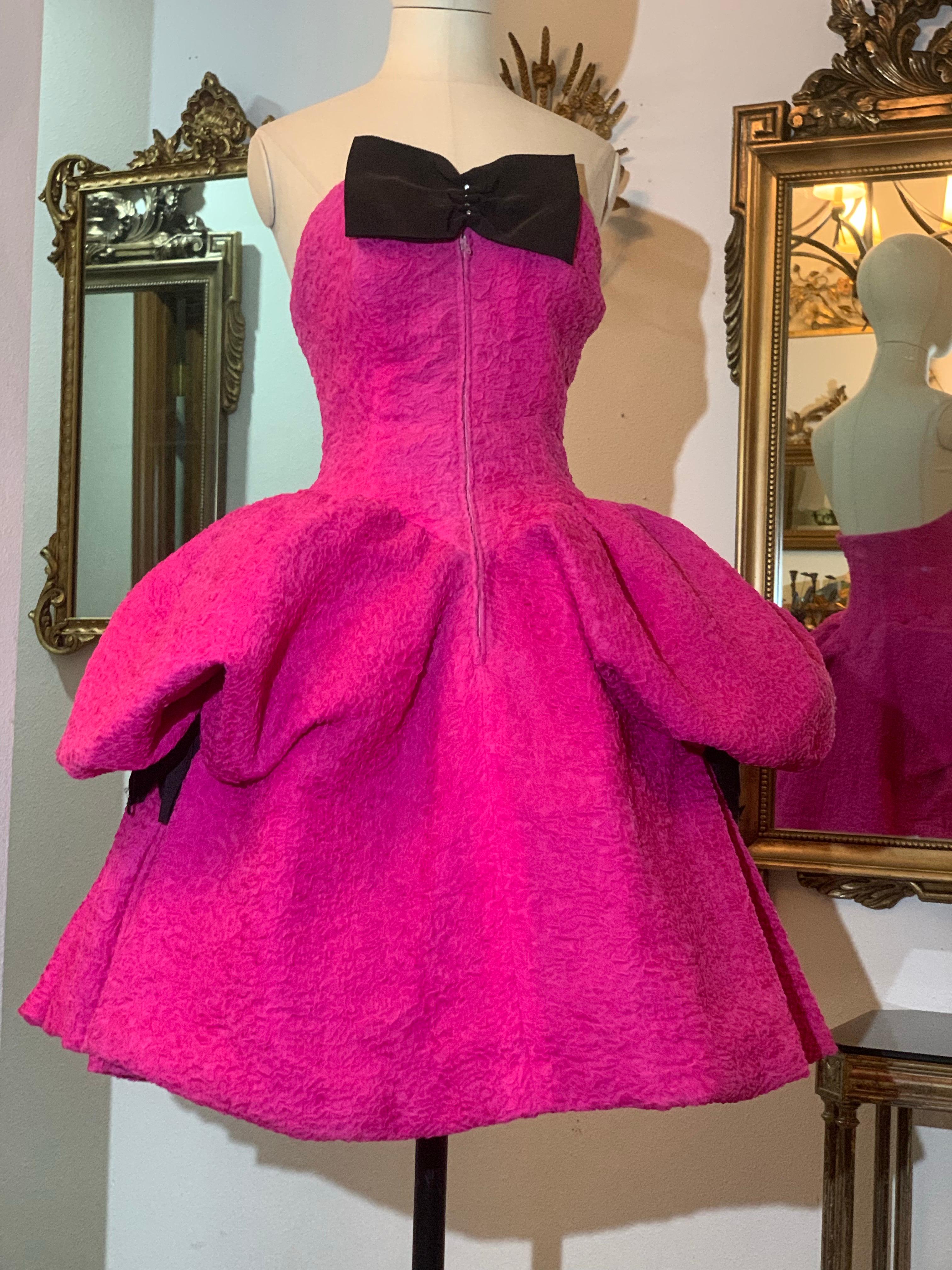 1980s Christian Lacroix Couture Shocking Pink Silk Matelassé Strapless Dress For Sale 7