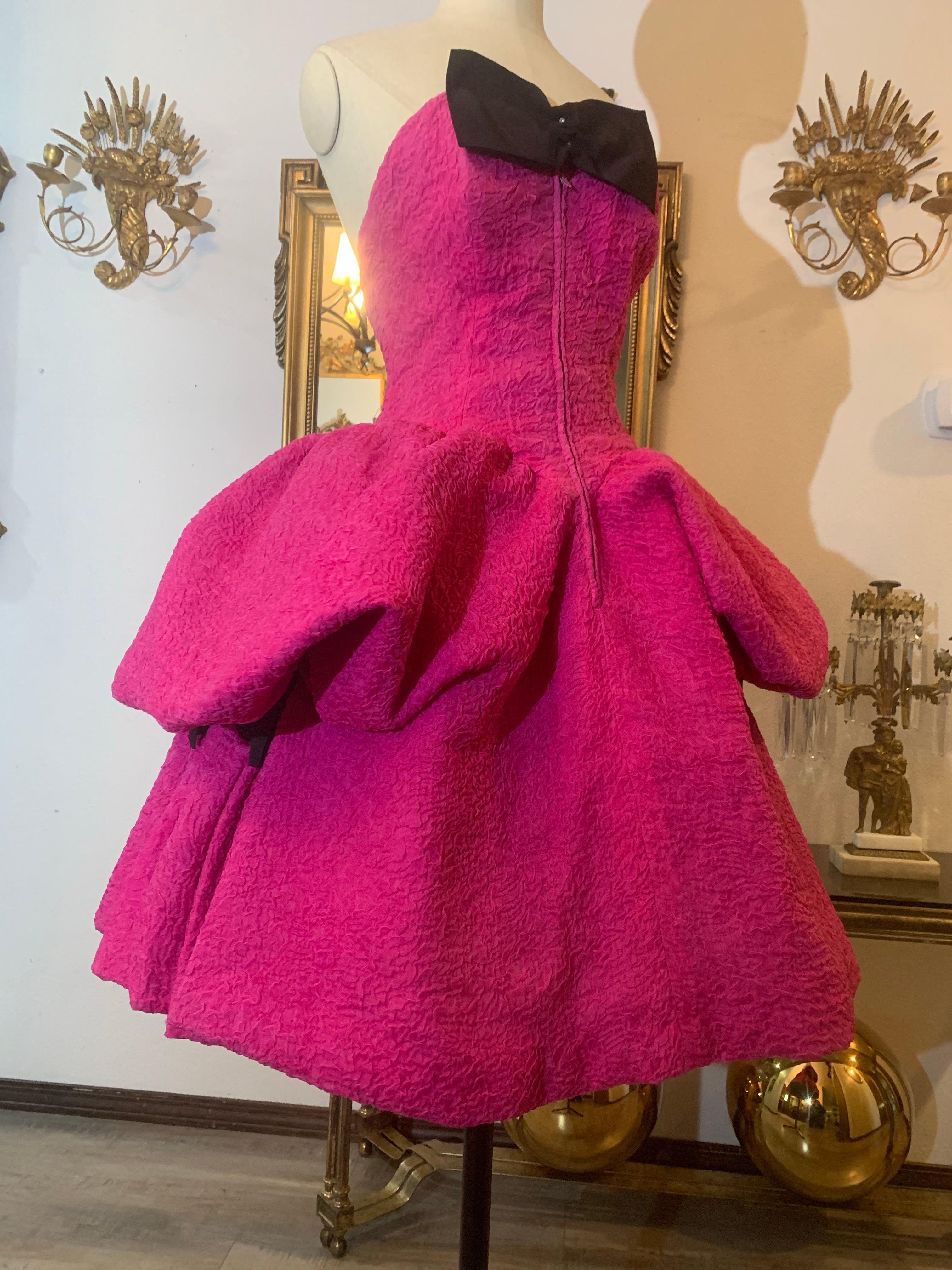 1980s Christian Lacroix Couture Shocking Pink Silk Matelassé Strapless Dress For Sale 9