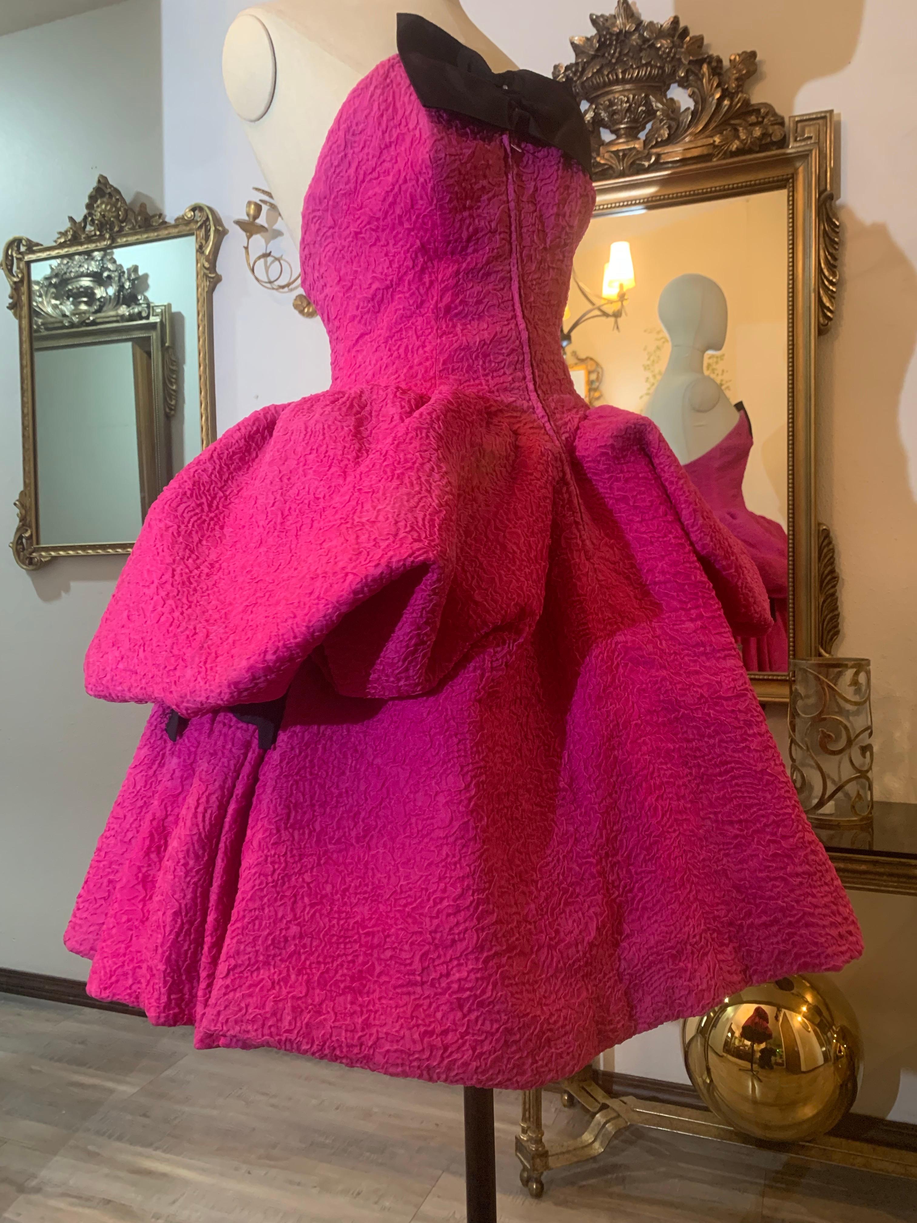 1980s Christian Lacroix Couture Shocking Pink Silk Matelassé Strapless Dress For Sale 10
