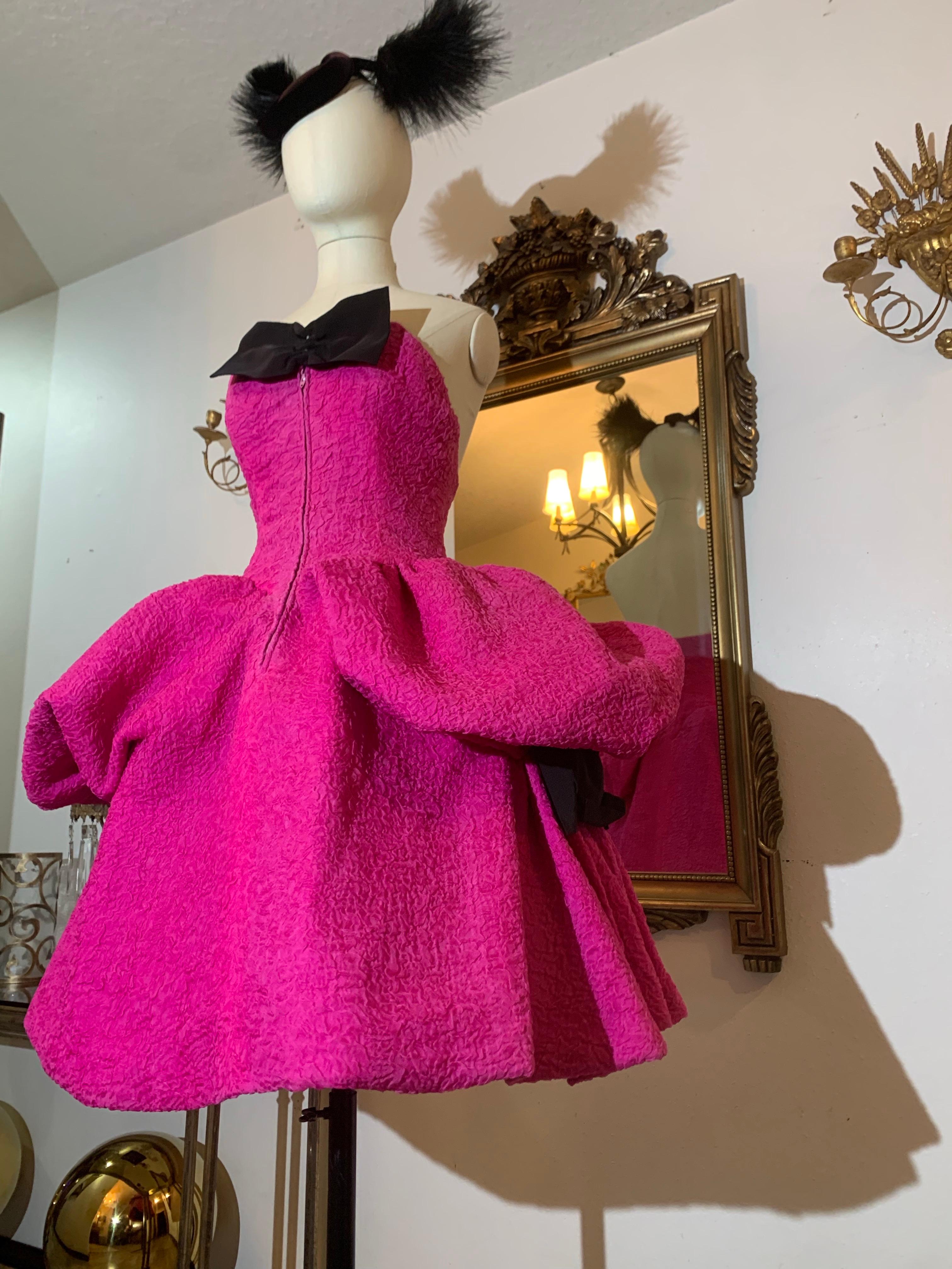 1980s Christian Lacroix Couture Shocking Pink Silk Matelassé Strapless Dress For Sale 11