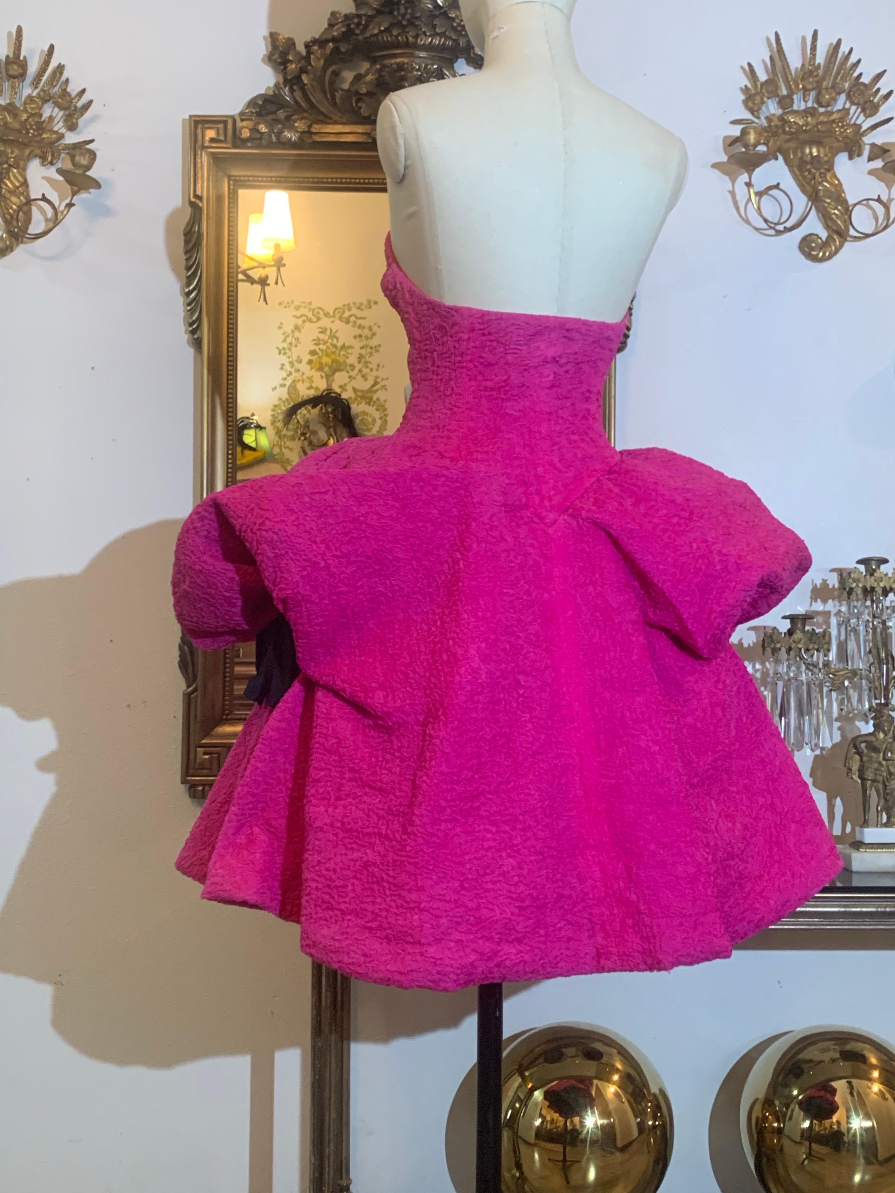 1980s Christian Lacroix Couture Shocking Pink Silk Matelassé Strapless Dress In Excellent Condition For Sale In Gresham, OR