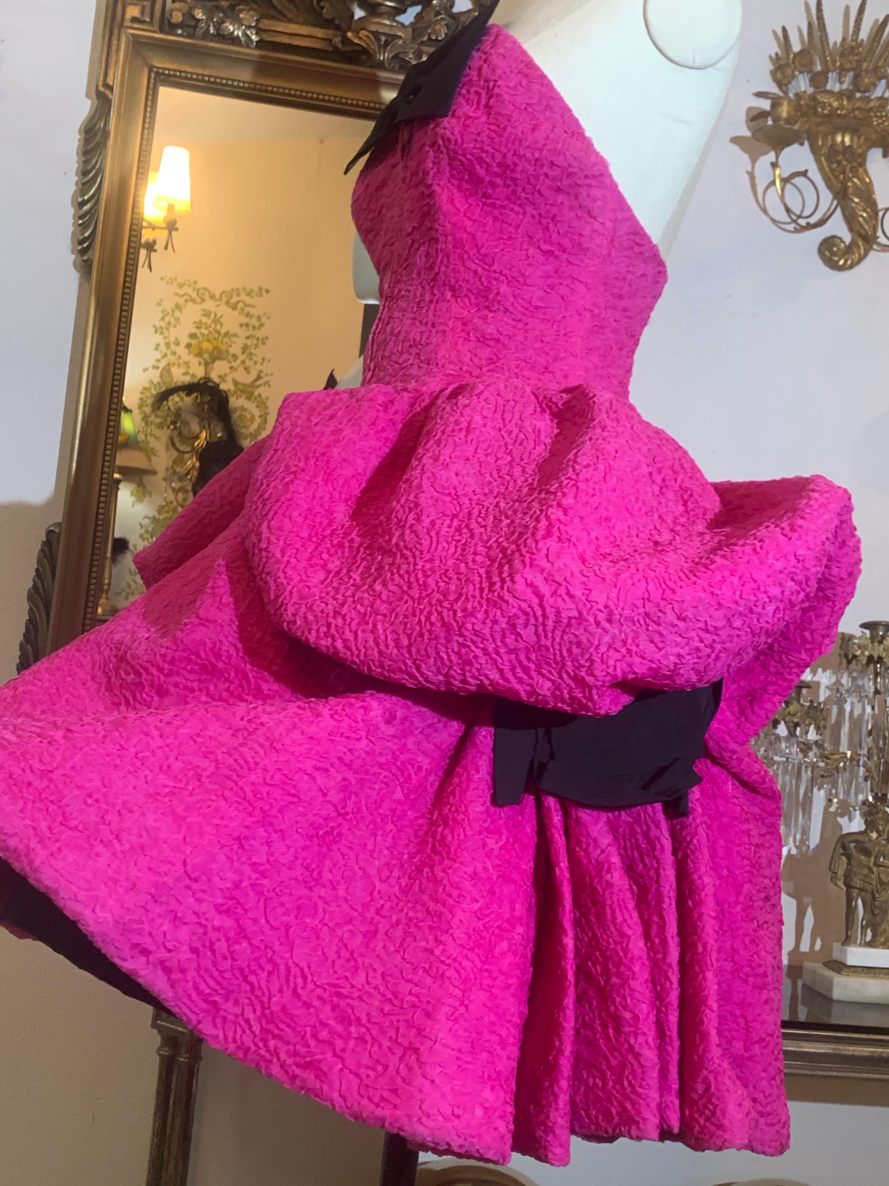 Women's 1980s Christian Lacroix Couture Shocking Pink Silk Matelassé Strapless Dress For Sale