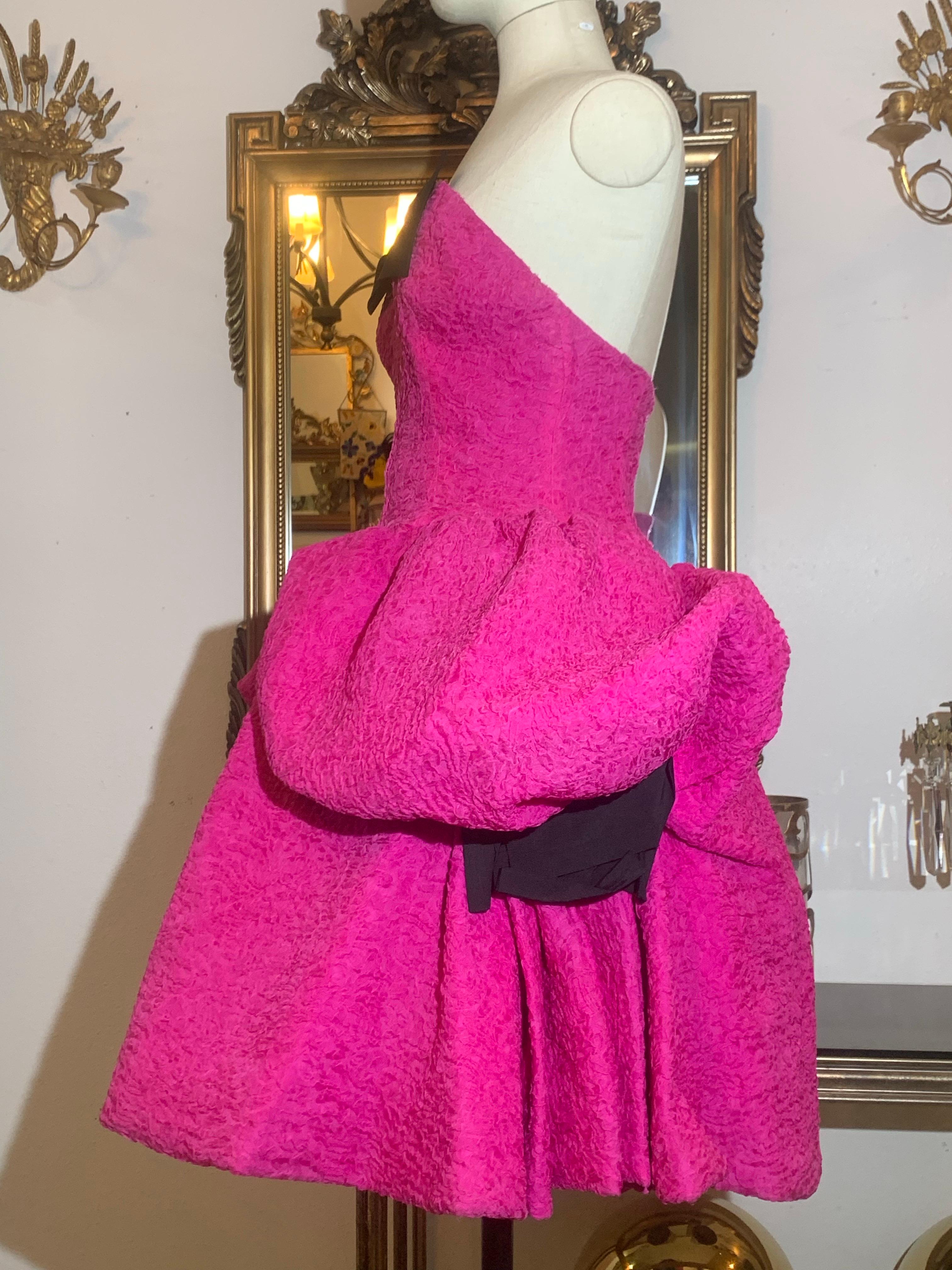 1980s Christian Lacroix Couture Shocking Pink Silk Matelassé Strapless Dress For Sale 1