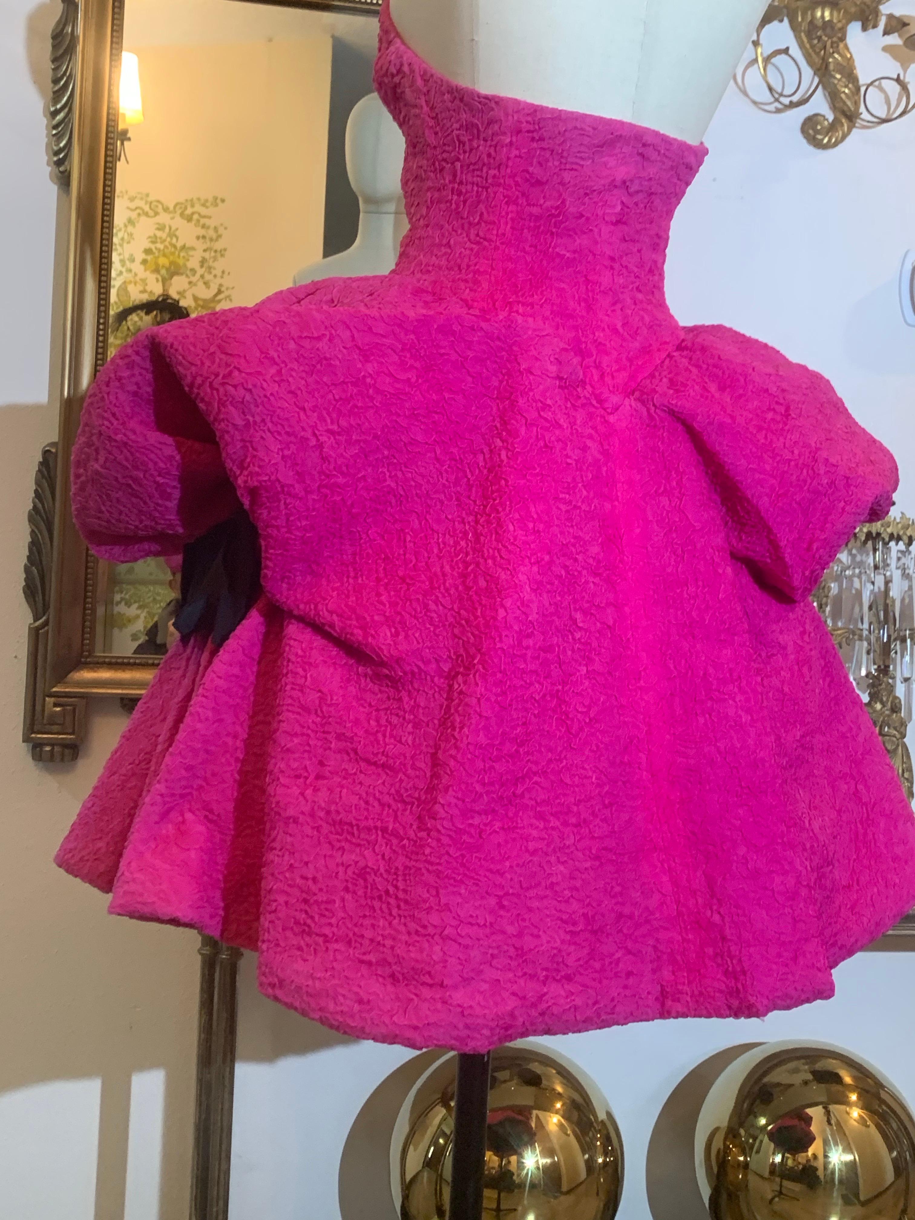 1980s Christian Lacroix Couture Shocking Pink Silk Matelassé Strapless Dress For Sale 2