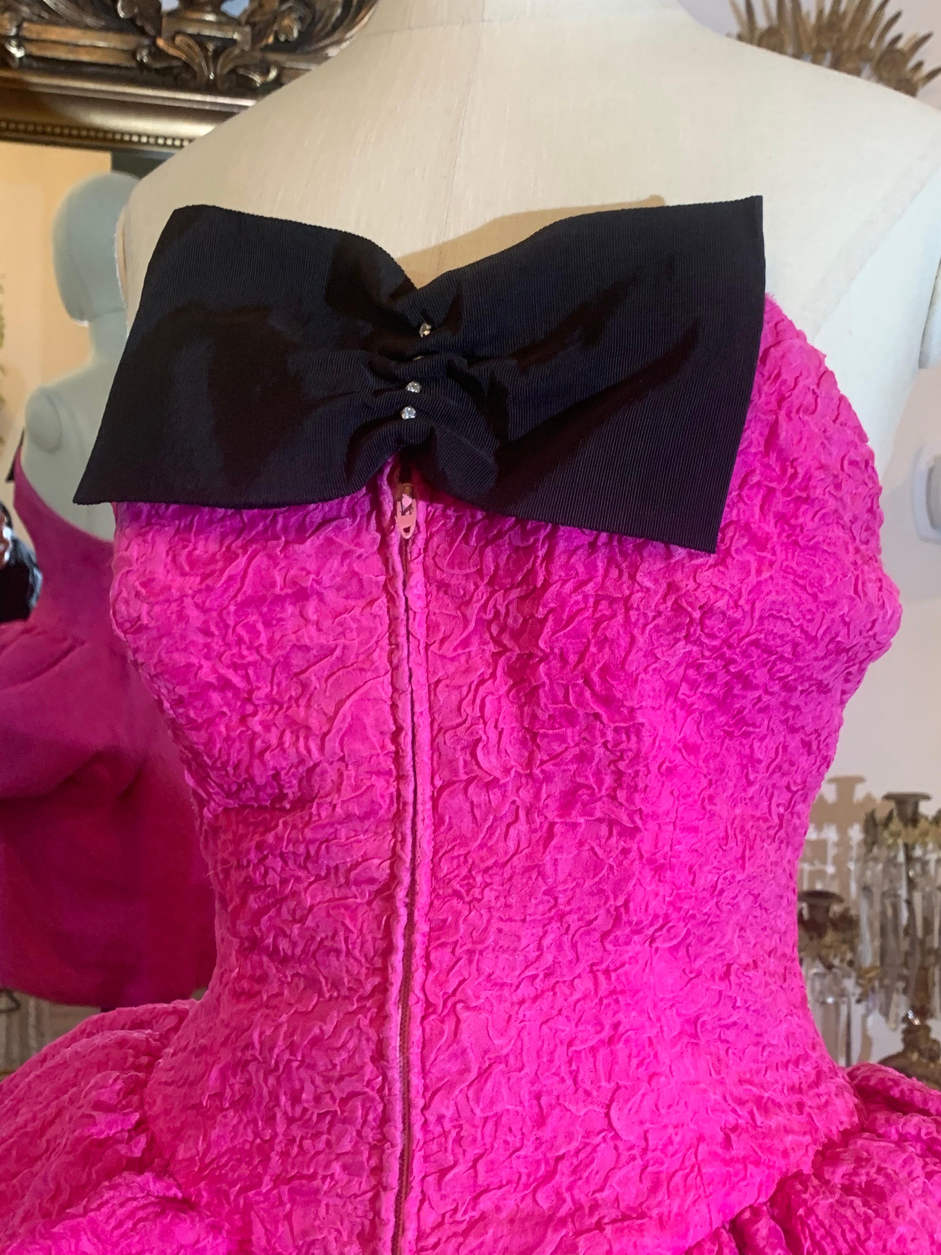 1980s Christian Lacroix Couture Shocking Pink Silk Matelassé Strapless Dress For Sale 4