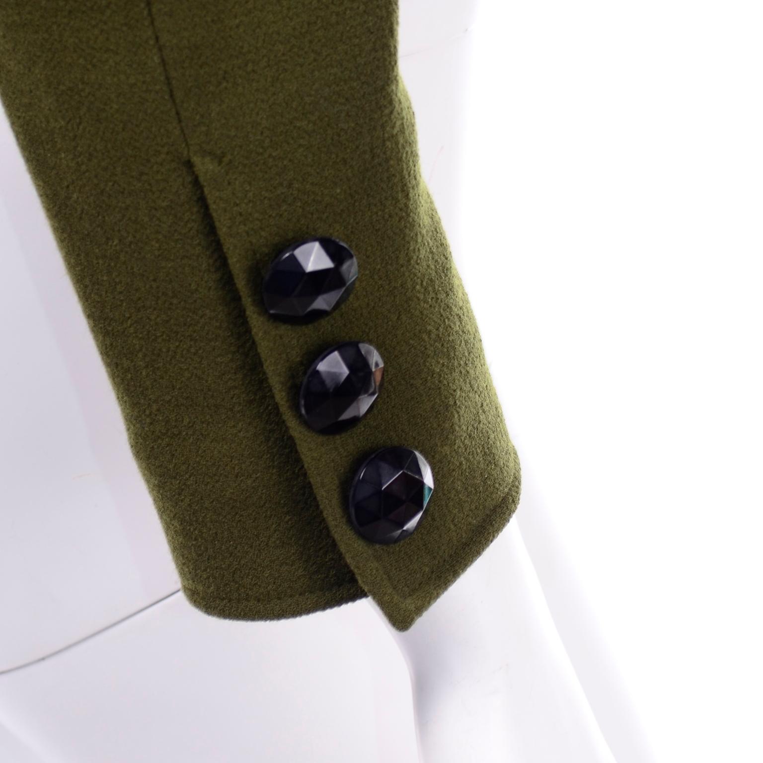 1980s Christian Lacroix Green Wool Double Breasted Jacket w/ Black Velvet Collar For Sale 3