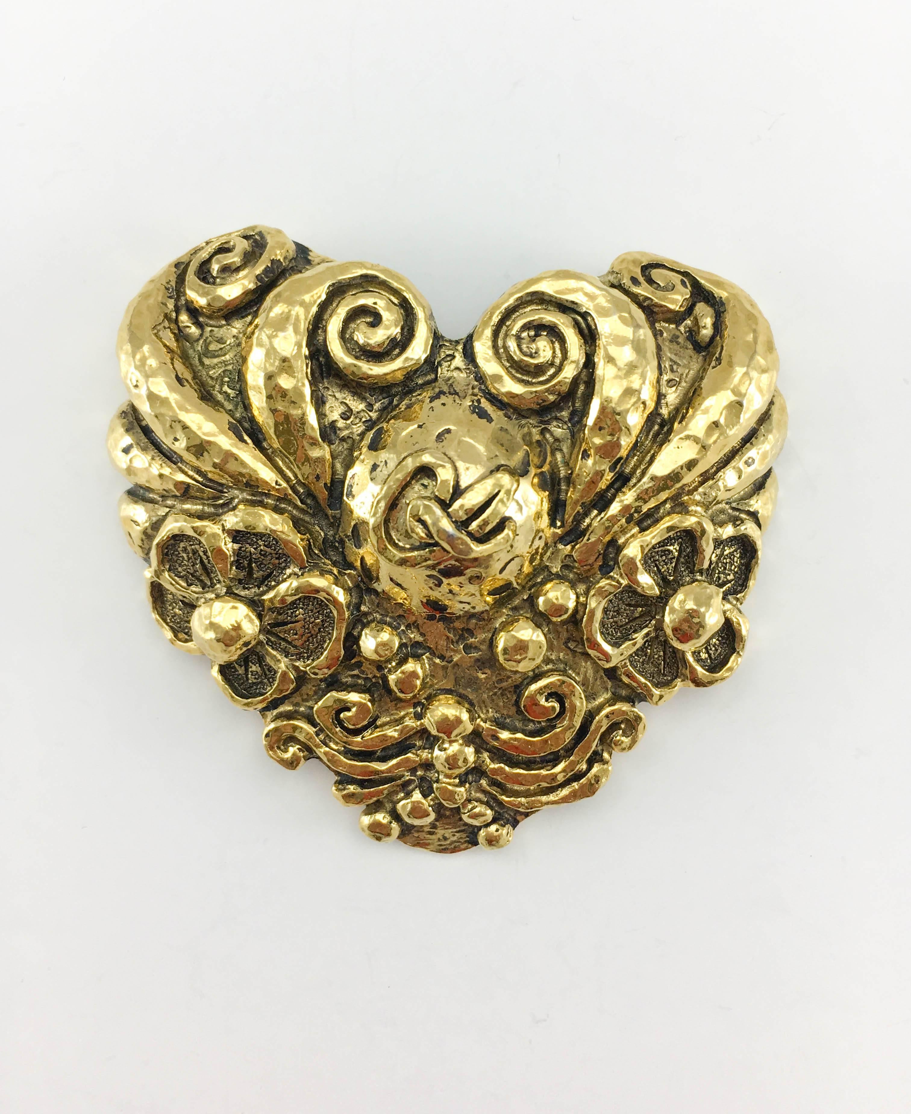 Women's 1980's Christian Lacroix Large Gold-Plated Heart-Shaped Brooch