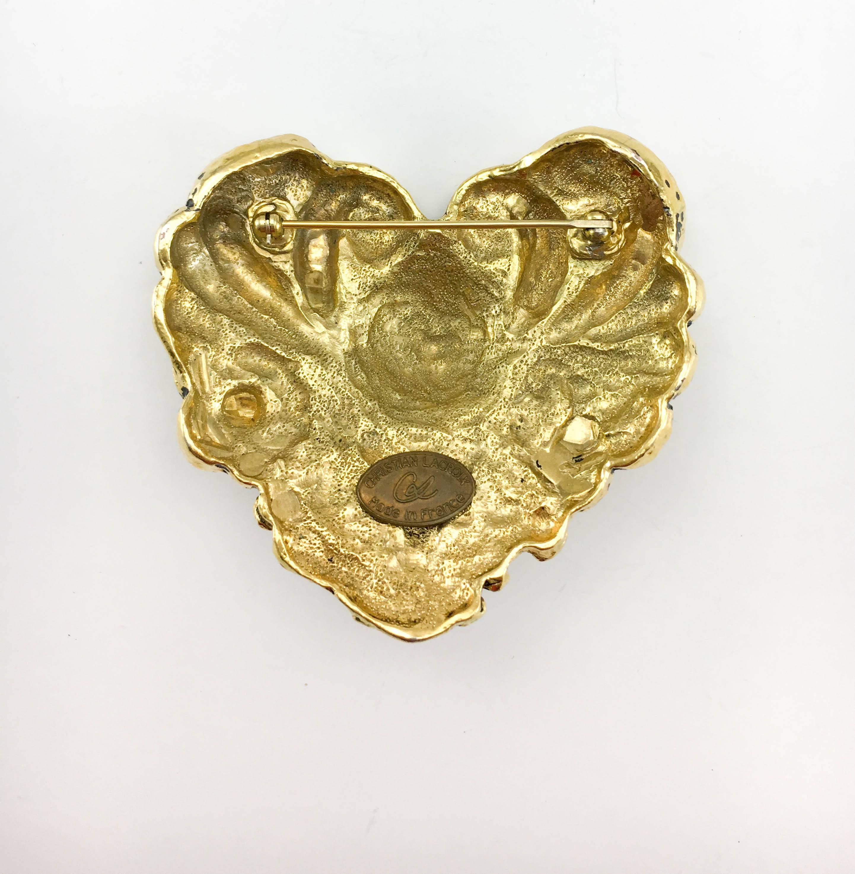 1980's Christian Lacroix Large Gold-Plated Heart-Shaped Brooch 2