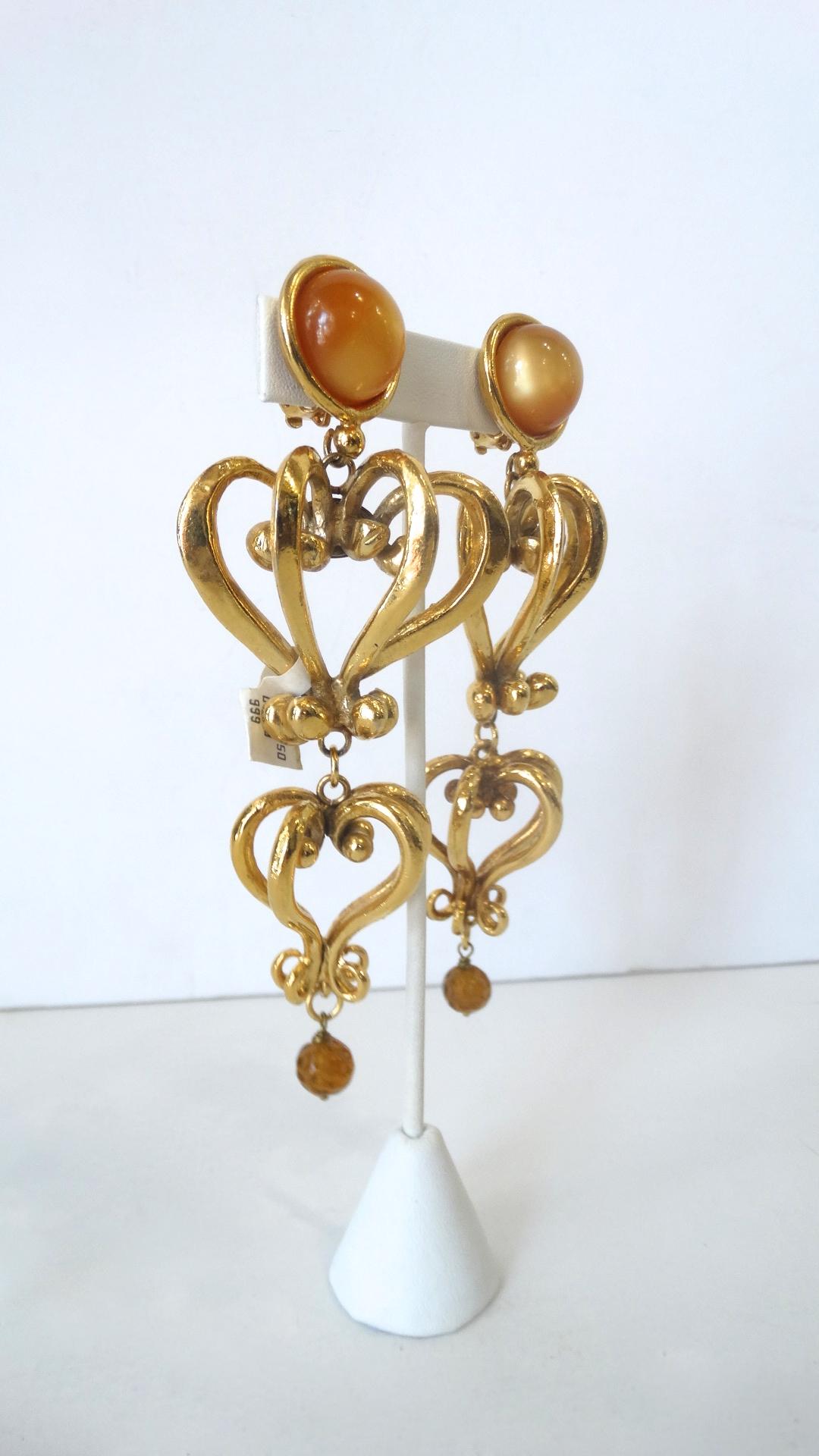 1980s Christian Lacroix Runway Gold Baroque Heart Earrings  In Good Condition In Scottsdale, AZ