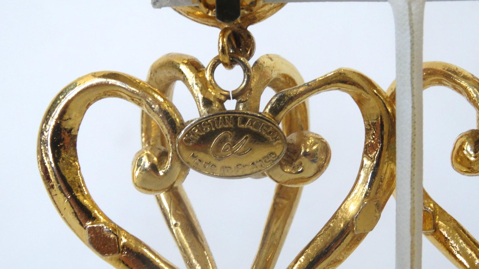 Women's or Men's 1980s Christian Lacroix Runway Gold Baroque Heart Earrings 