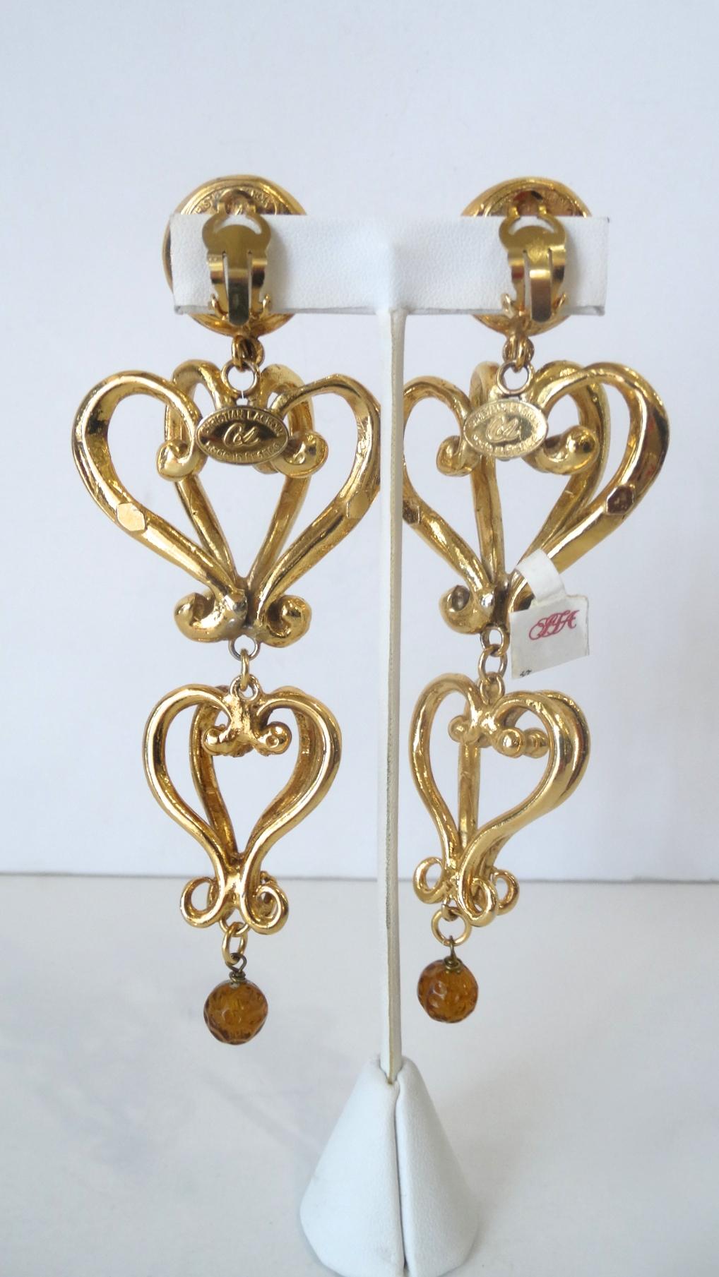 1980s Christian Lacroix Runway Gold Baroque Heart Earrings  1