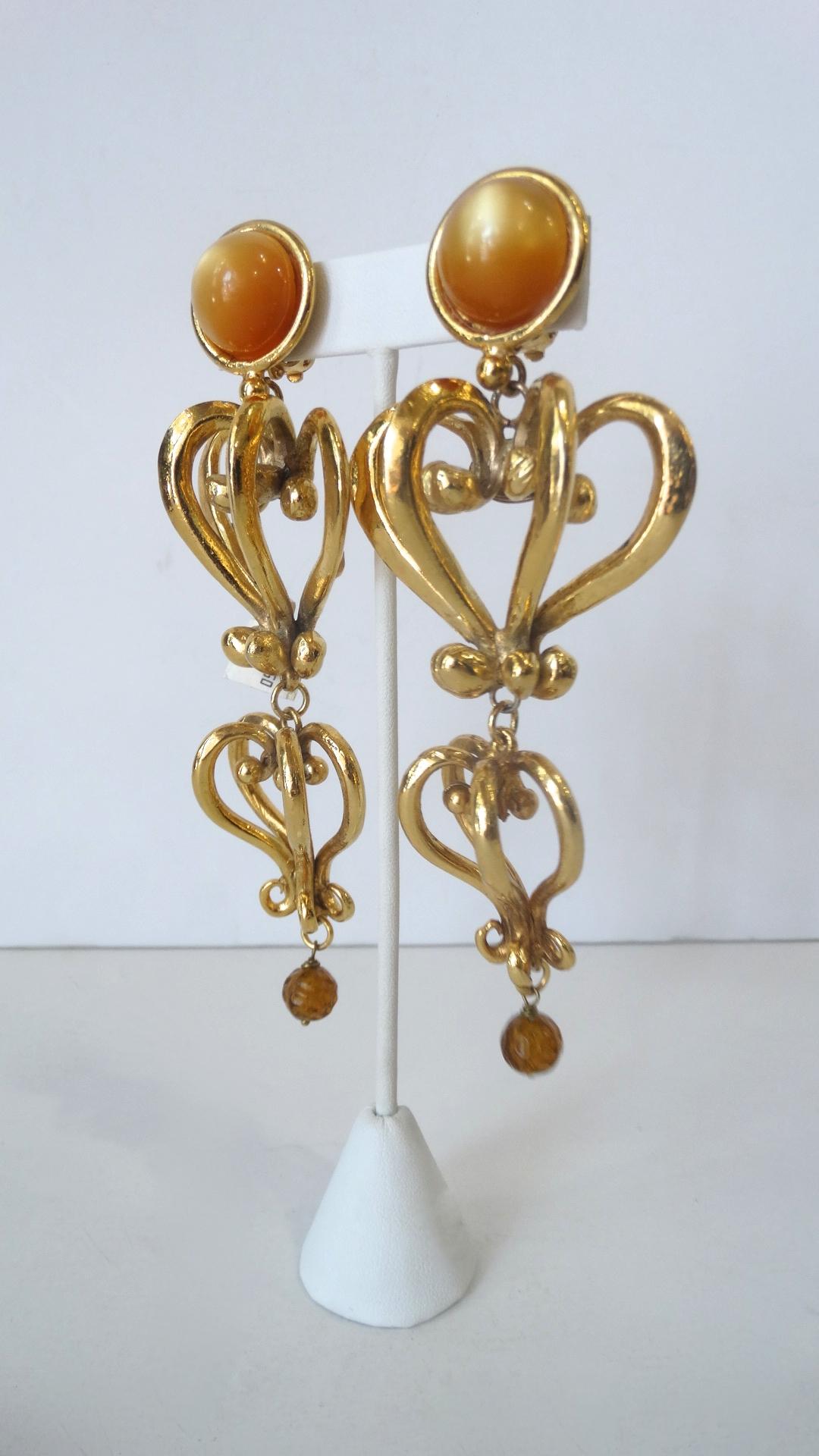 1980s Christian Lacroix Runway Gold Baroque Heart Earrings  3