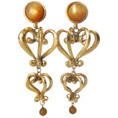 1980s Christian Lacroix Runway Gold Baroque Heart Earrings