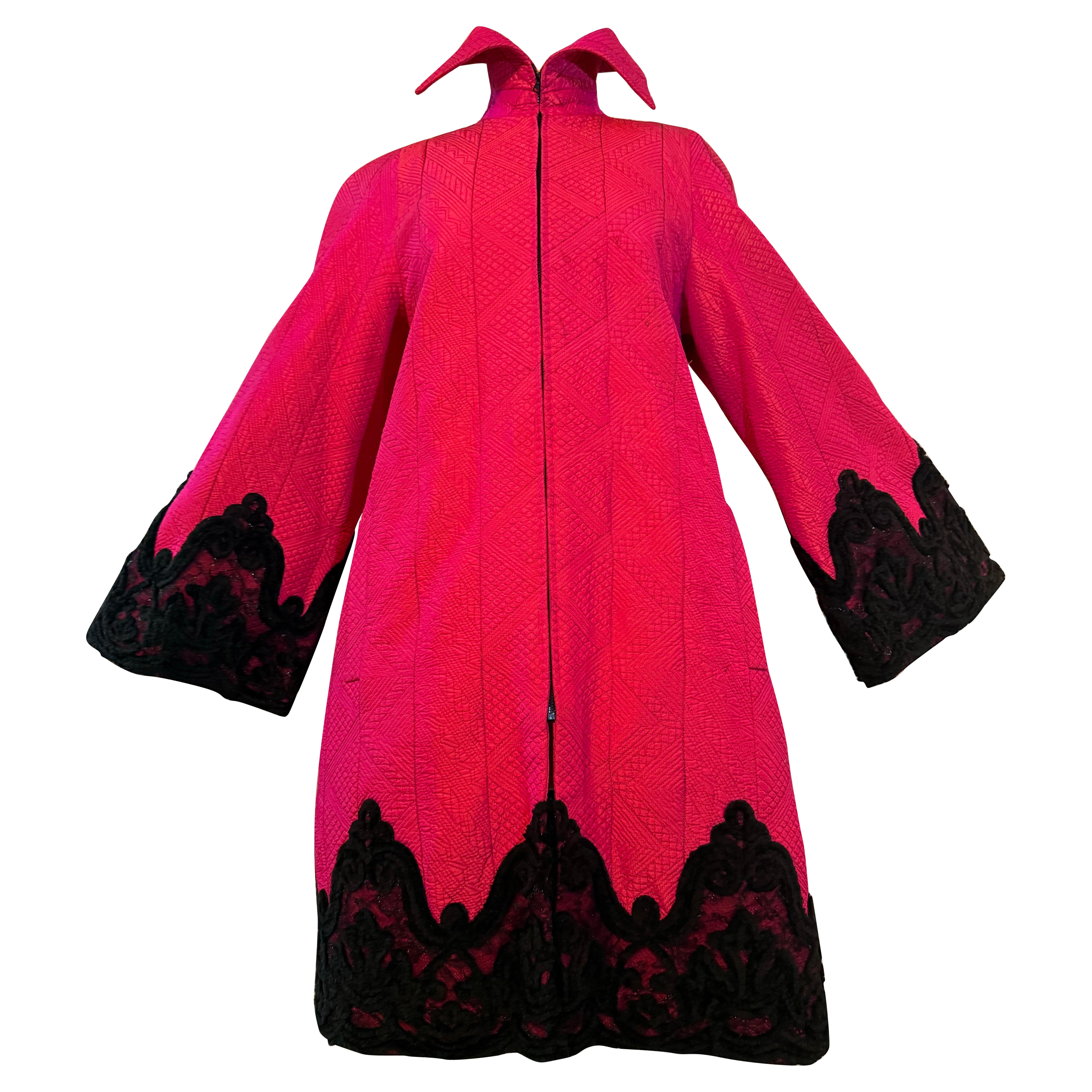 1980s Christian LaCroix Shocking Pink Silk Evening Coat w Lace Chenille Trim