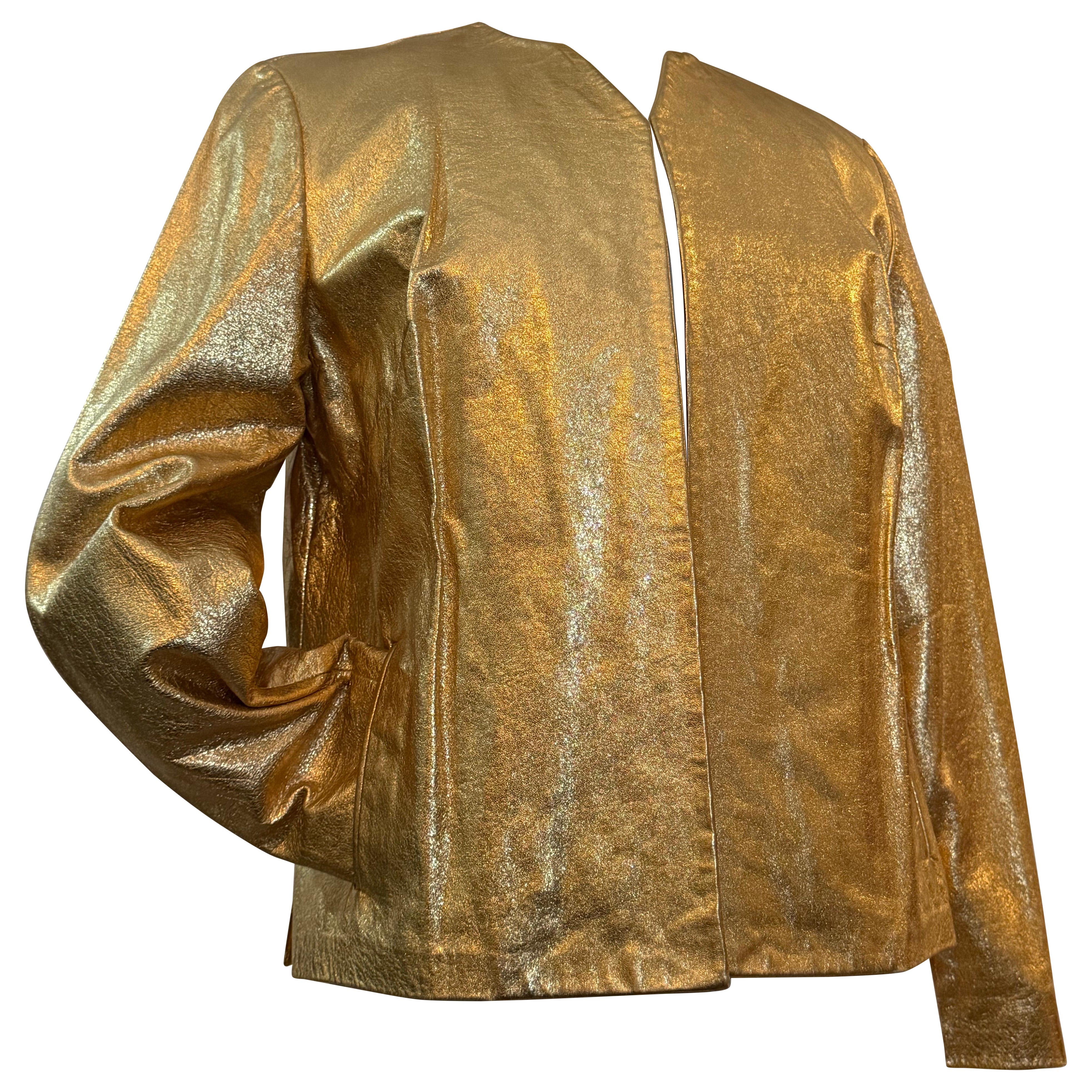 1980s Christian Mayteau Couture Streamlined Tailored Jacket In Gilt Gold Leather For Sale
