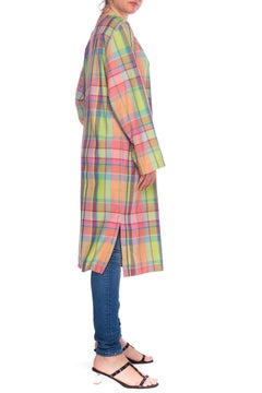 1980S CHRISTIAN SIJNEN Pastel Poly Blend Plaid Oversized Duster Coat