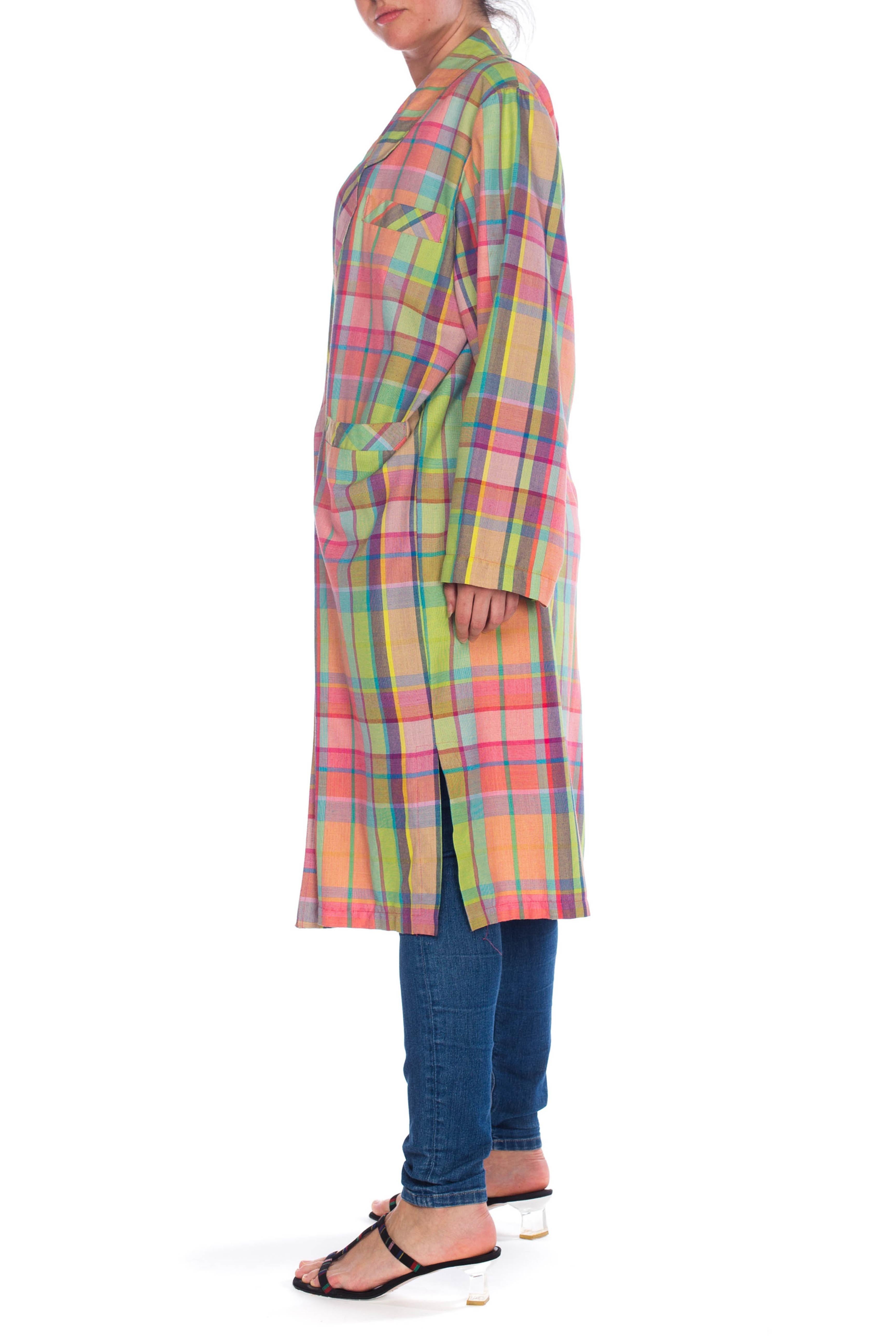 1980S CHRISTIAN SIJNEN Pastel Poly Blend Plaid Oversized Duster Coat In Excellent Condition In New York, NY