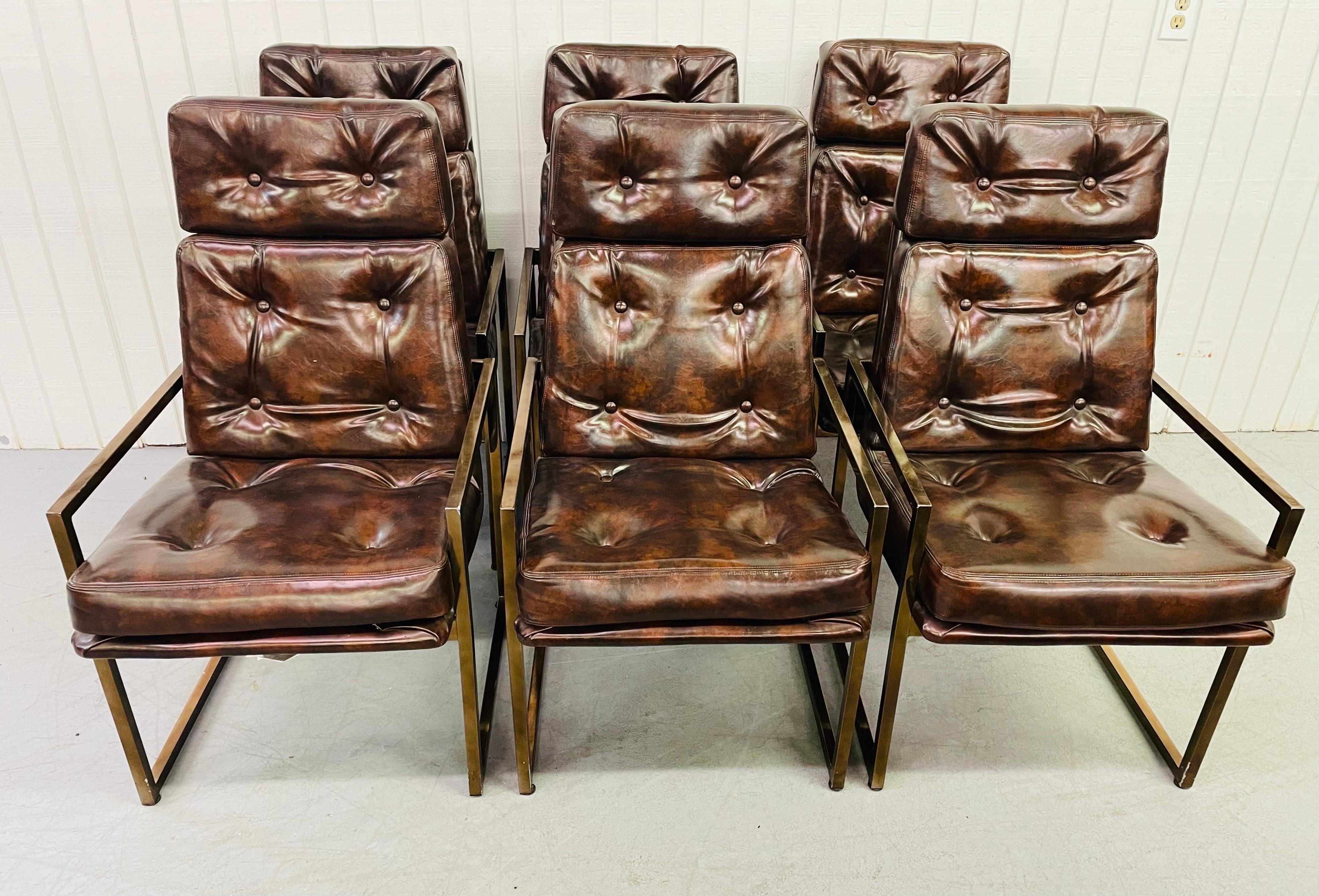 This listing is for a set of six 1980’s Chromcraft leather dining chairs. Featuring the original leather upholstery, tufted backs/seats, and bronze colored frames.