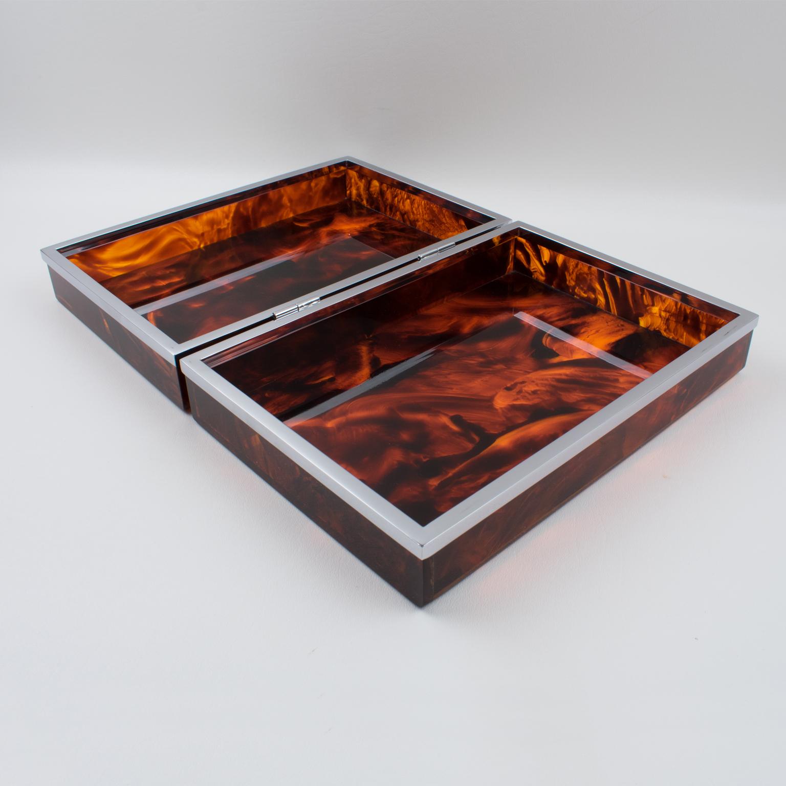 Chrome and Tortoiseshell Lucite Box, Italy 1980s For Sale 1