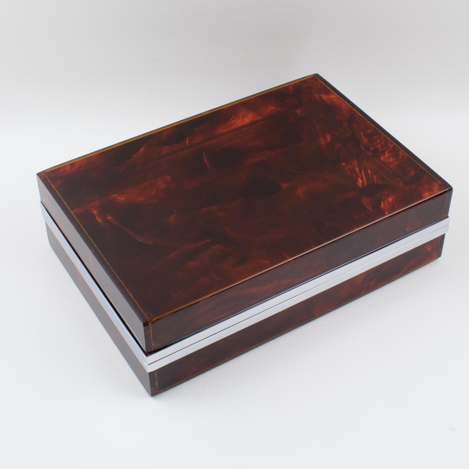 Chrome and Tortoiseshell Lucite Box, Italy 1980s For Sale 2
