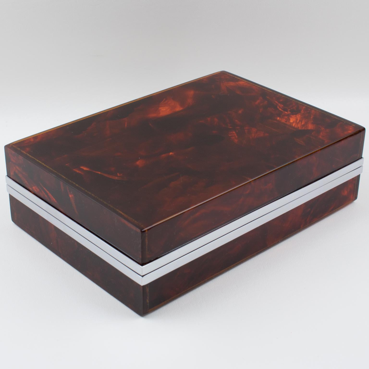 Mid-Century Modern Chrome and Tortoiseshell Lucite Box, Italy 1980s For Sale